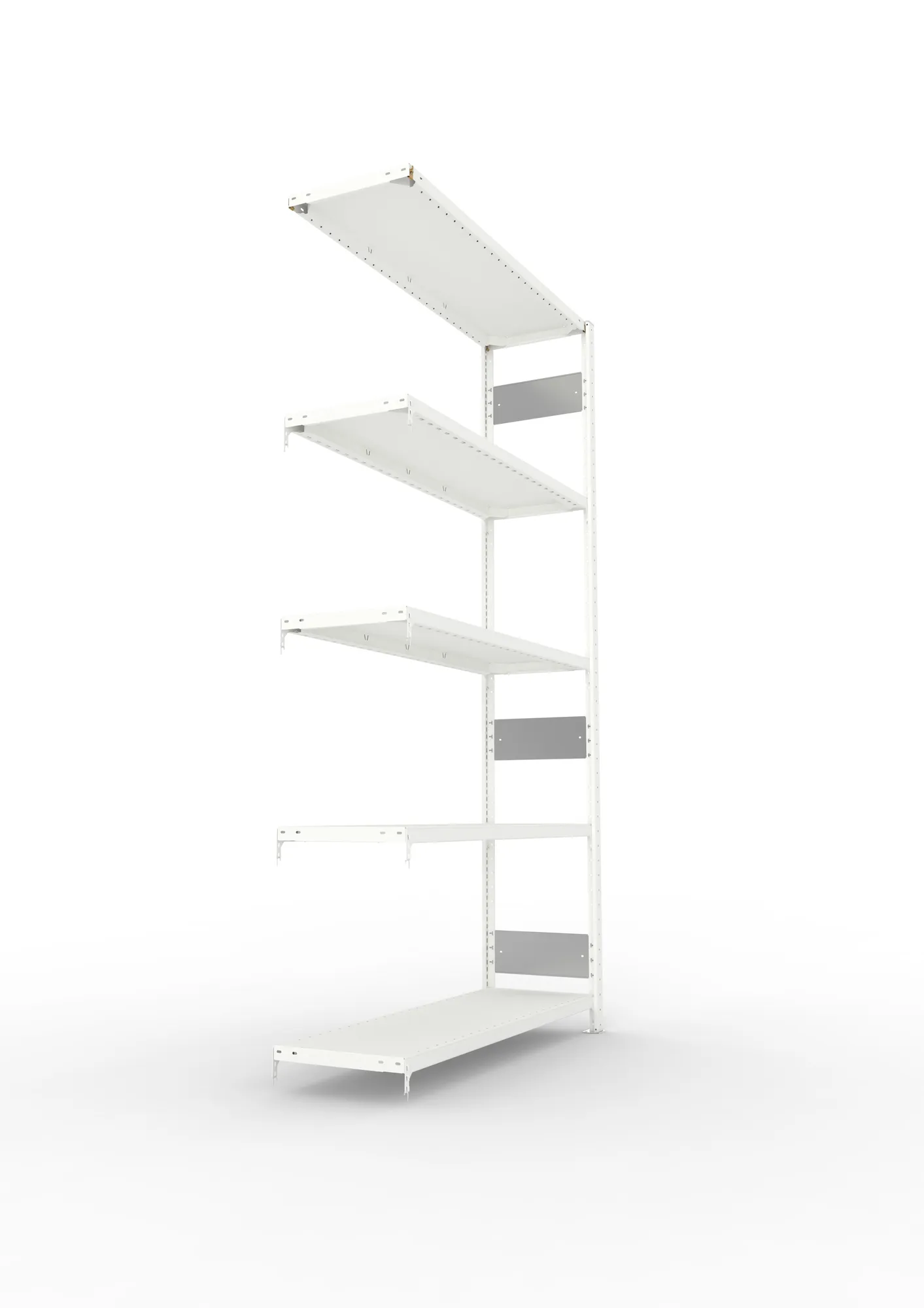 META CLIP S3, Fachbodenregal, Anbauregal, 2500 x 1300 x 400 mm, Fachlast 230 kg, 5 Ebenen, Längsriegel, RAL 7035 – Seitenansicht