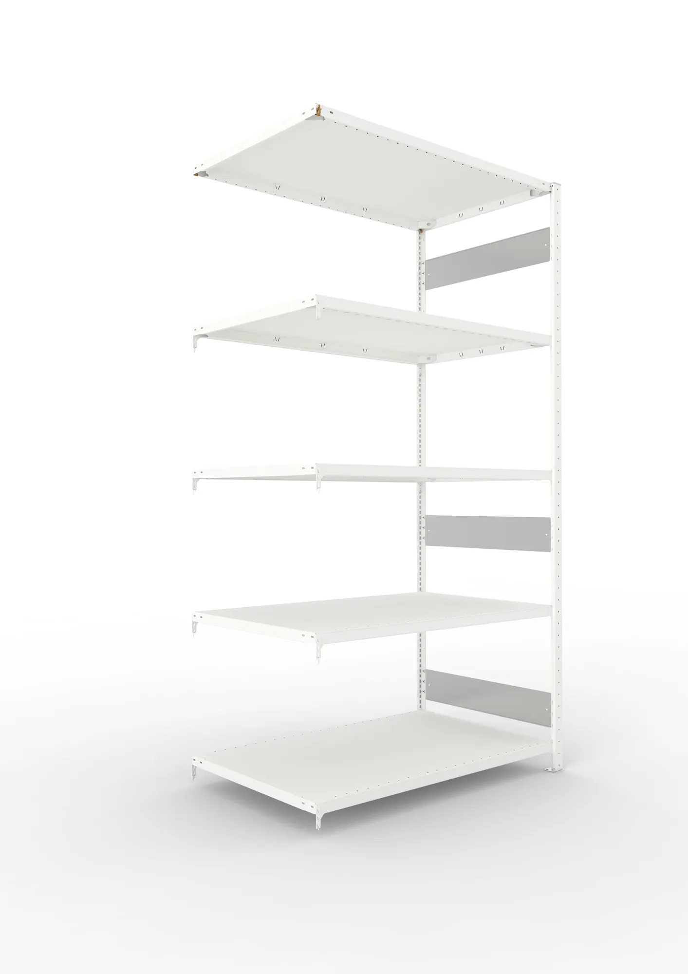 META CLIP S3, Fachbodenregal, Anbauregal, 2500 x 1300 x 800 mm, Fachlast 230 kg, 5 Ebenen, Längsriegel, RAL 7035 – Ansicht in Blickhöhe