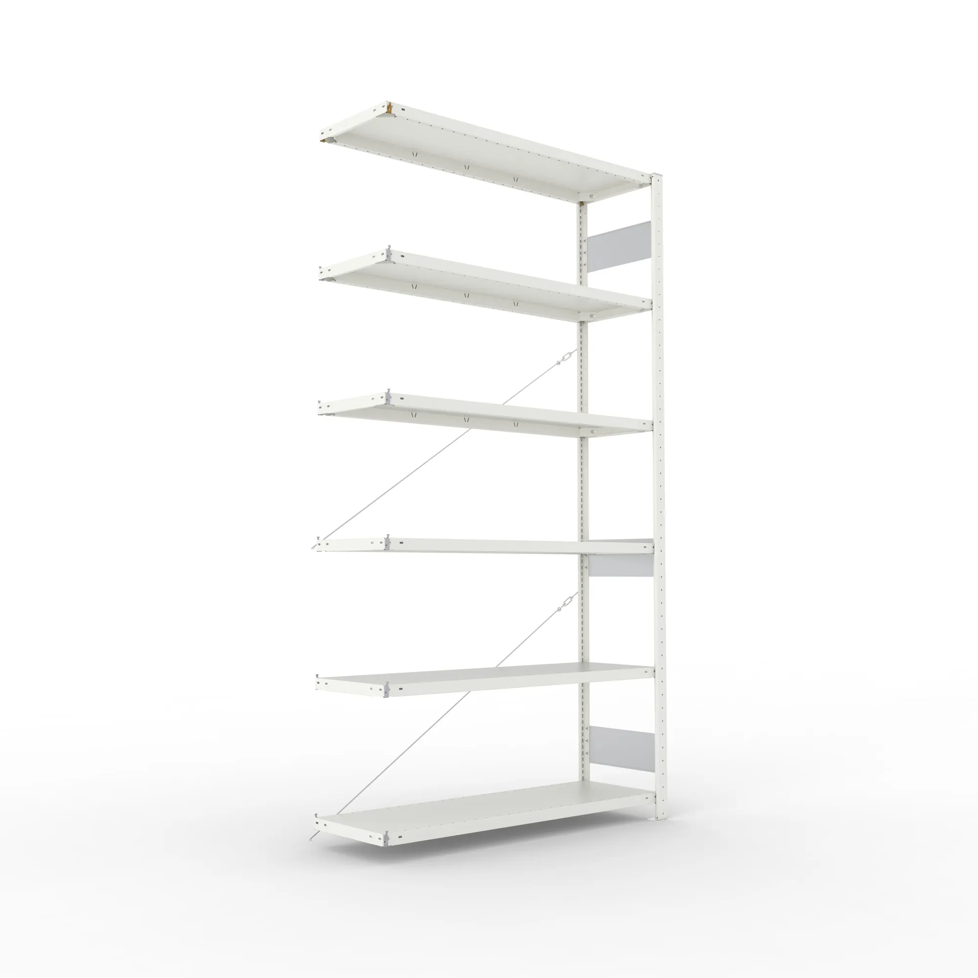 META CLIP S3, Fachbodenregal, Anbauregal, 2500 x 1300 x 400 mm, Fachlast 150 kg, 6 Ebenen, RAL 7035 – Ansicht in Blickhöhe