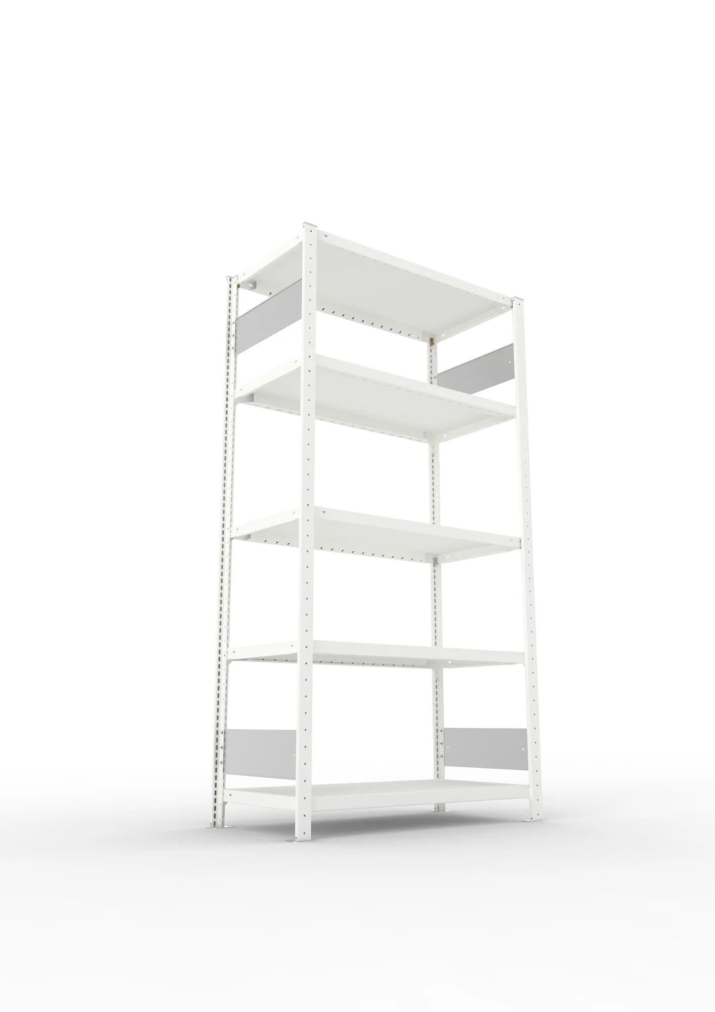 META CLIP S3, Fachbodenregal, Grundregal, 2000 x 1000 x 500 mm, Fachlast 230 kg, 5 Ebenen, Längsriegel, RAL 7035 – Ansicht von unten