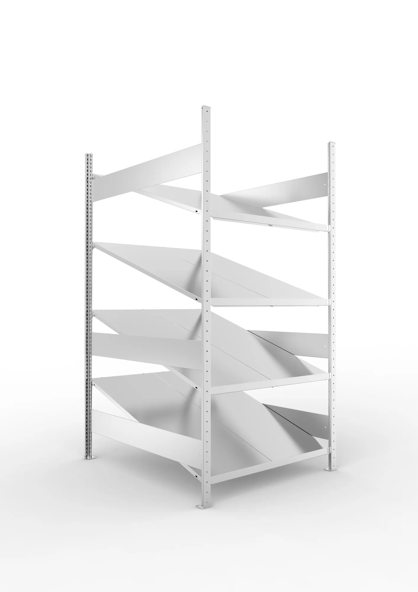 META CLIP S3, Schrägbodenregal, Grundregal, 2000 x 1300 x 1228 mm, Fachlast 80 kg, 4 Ebenen, verzinkt – Ansicht in Blickhöhe