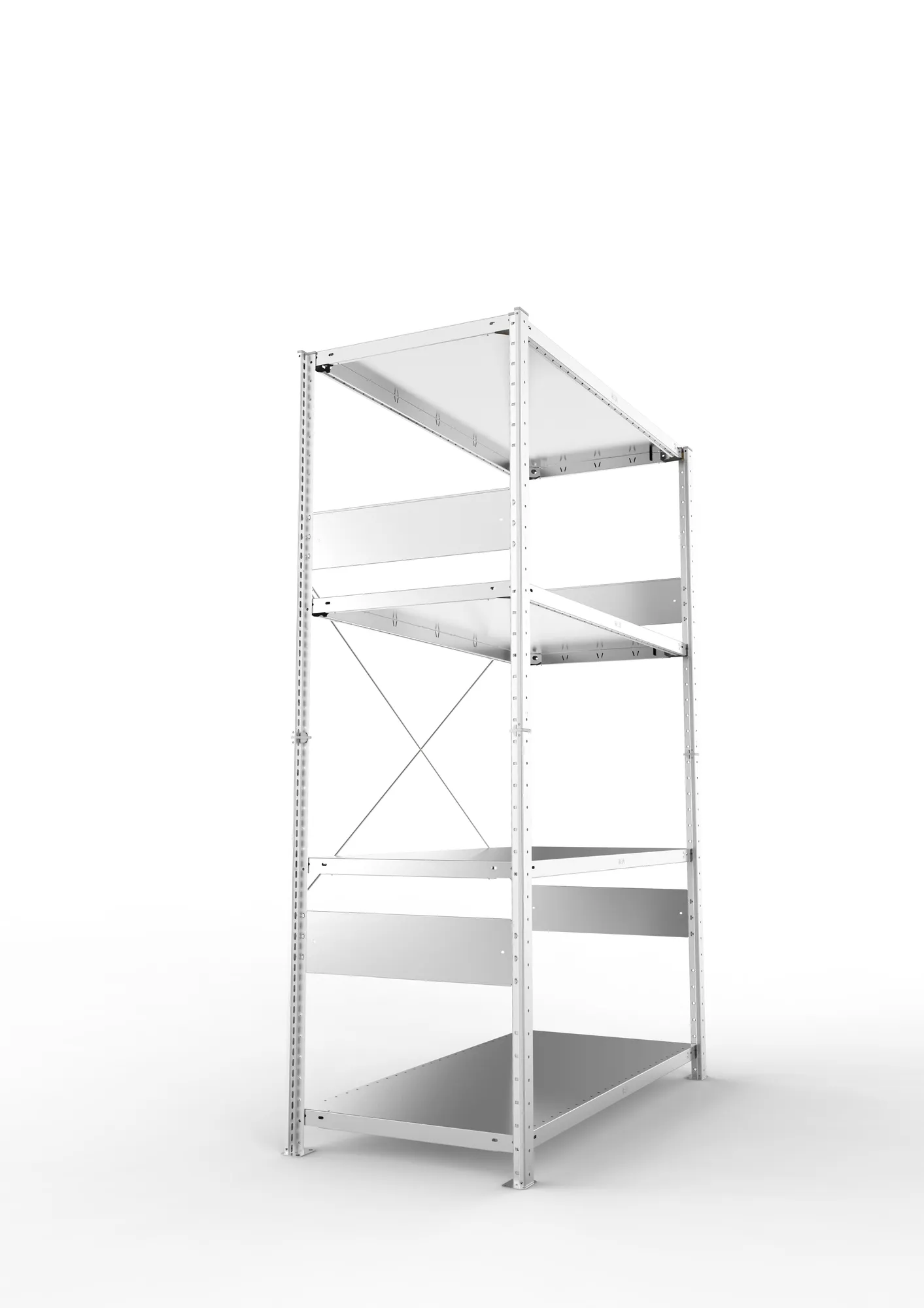 META CLIP SPLIT, Fachbodenregal, Grundregal, 2000 x 1300 x 600 mm, Fachlast 230 kg, 4 Ebenen, verzinkt – Seitenansicht