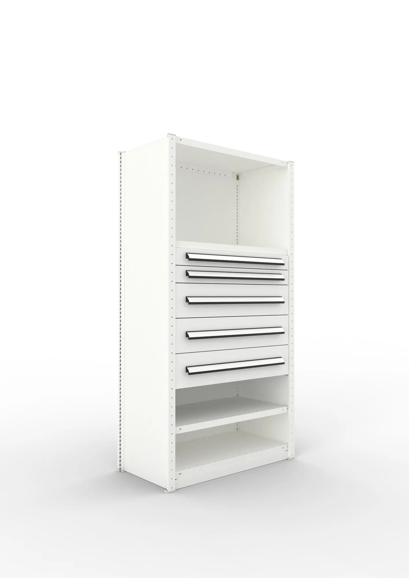 META CLIP, Schrankmodul, Grundregal, Variante 4, 2000 x 1000 x 500 mm, Schubladen mittig, RAL 7035 – Ansicht in Blickhöhe