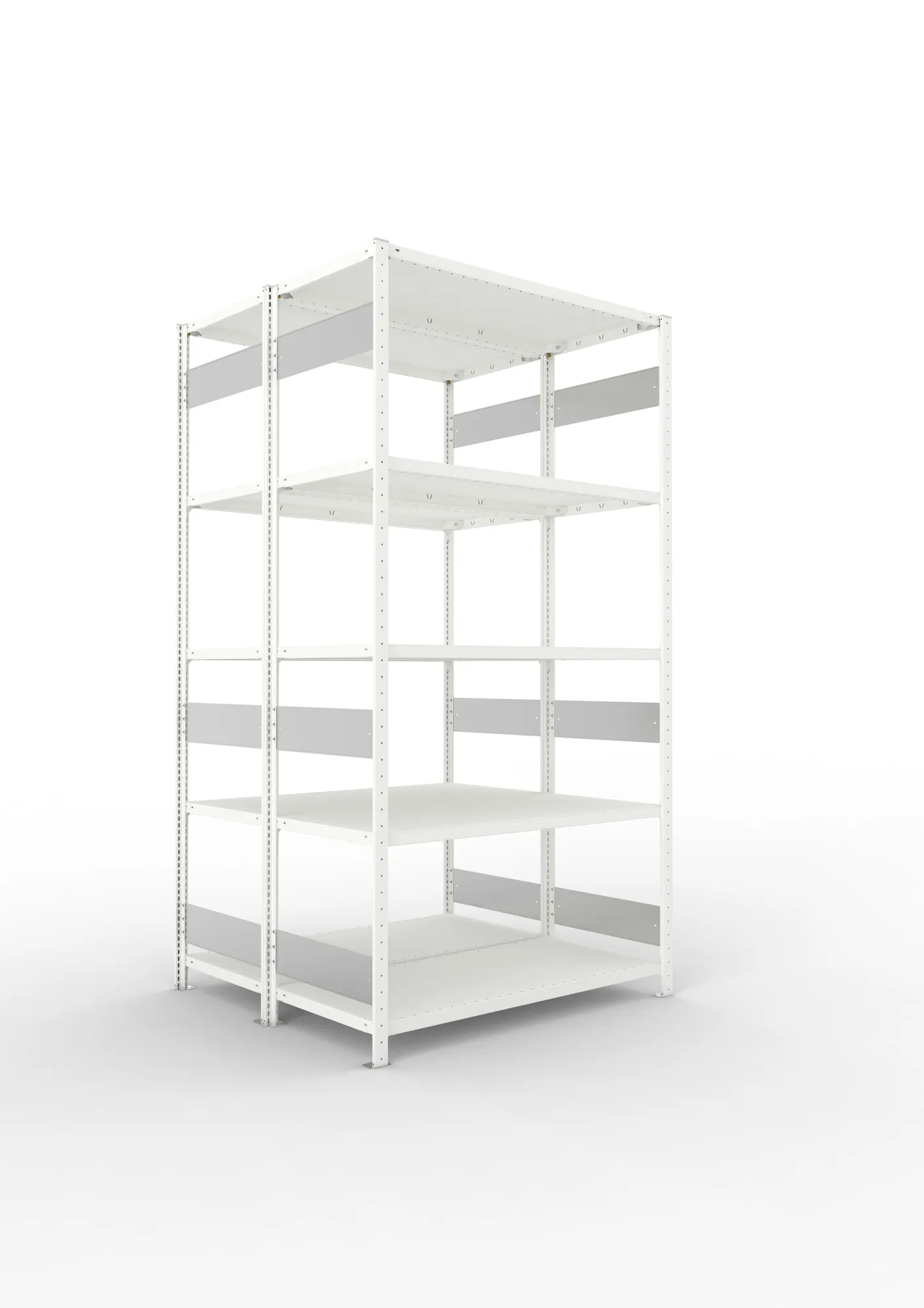 META CLIP S3, Fachbodenregal, Doppel-Grundregal, 2500 x 1300 x 600 mm, Fachlast 230 kg, 5 Ebenen, Längsriegel, RAL 7035 – Ansicht in Blickhöhe