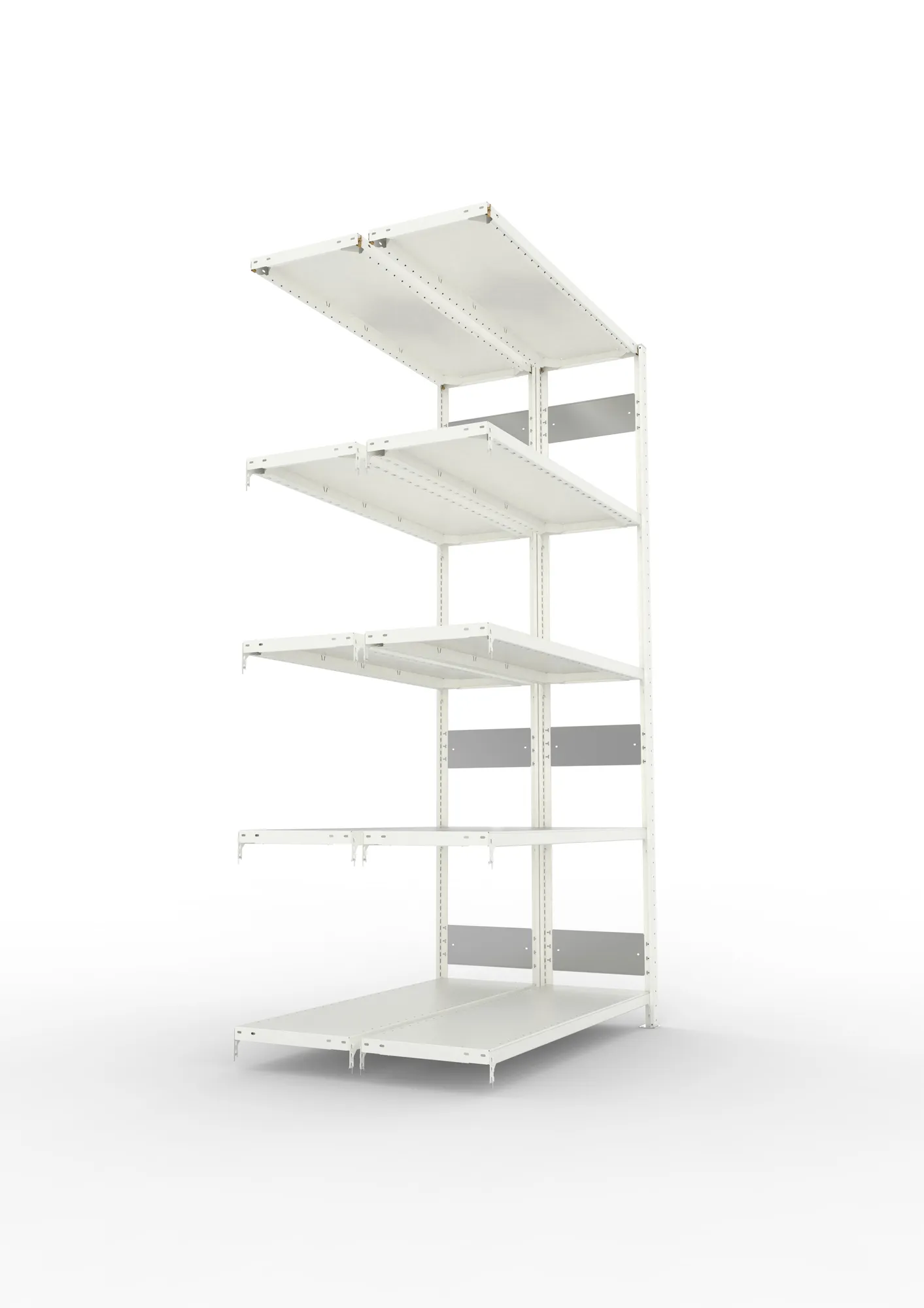 META CLIP S3, Fachbodenregal, Doppel-Anbauregal, 2500 x 1300 x 400 mm, Fachlast 230 kg, 5 Ebenen, Längsriegel, RAL 7035 – Seitenansicht