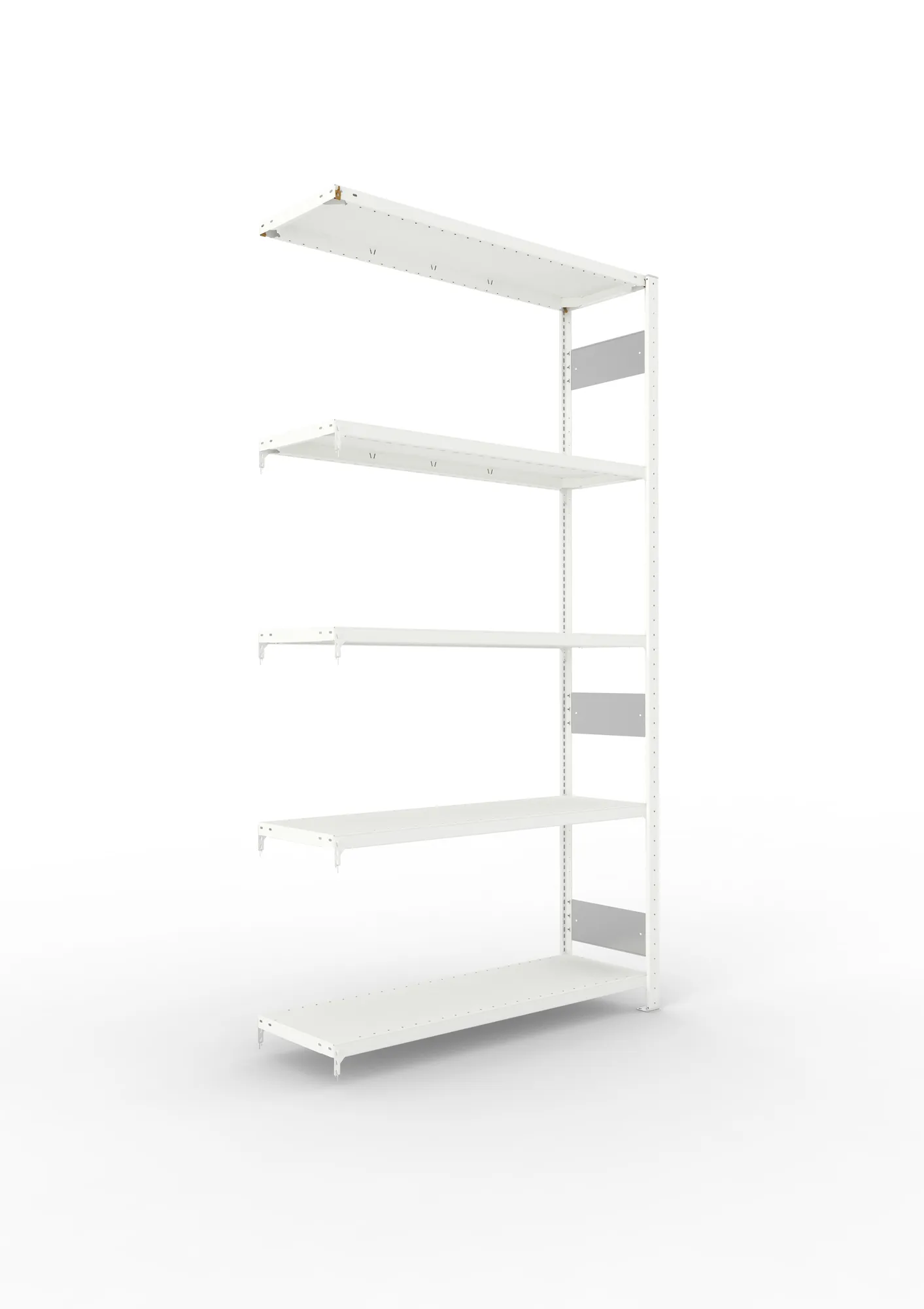 META CLIP S3, Fachbodenregal, Anbauregal, 2500 x 1300 x 400 mm, Fachlast 230 kg, 5 Ebenen, Längsriegel, RAL 7035 – Ansicht in Blickhöhe