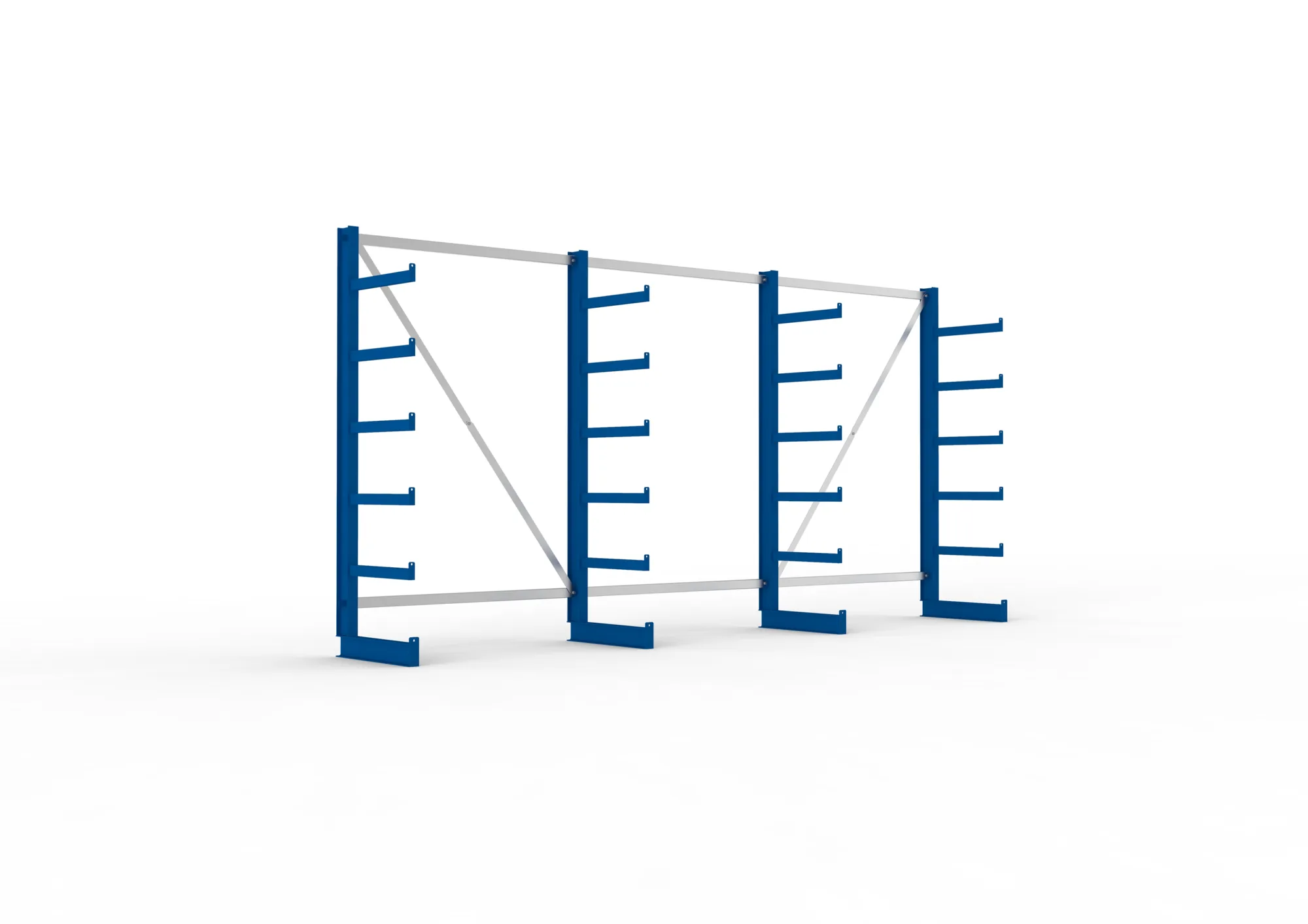META ATLAS ST, Kragarmregal, 3 Felder, 2000 x 4050 x 500 mm, Armlast 200 kg, einseitig, 5+1 Ebenen – Ansicht in Blickhöhe