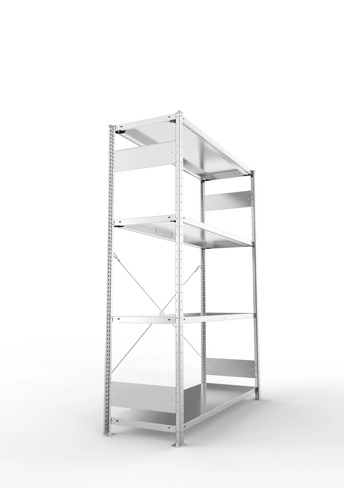 META CLIP S3, Fachbodenregal, Grundregal, 2000 x 1500 x 500 mm, Fachlast 200 kg, 4 Ebenen, verzinkt – Seitenansicht