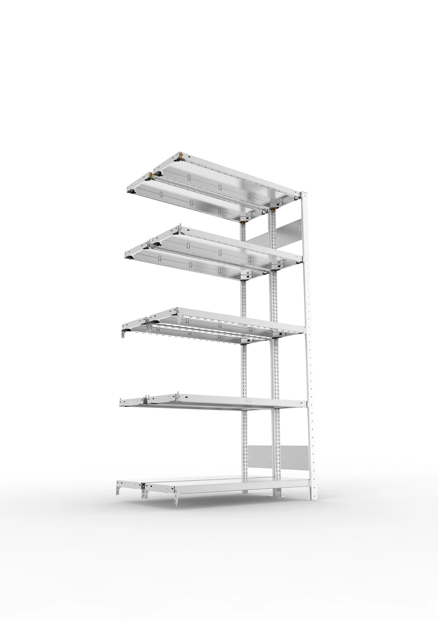 META CLIP S3, Fachbodenregal, Doppel-Anbauregal, 2000 x 1000 x 300 mm, Fachlast 150 kg, 5 Ebenen, Längsriegel, verzinkt – Ansicht von unten