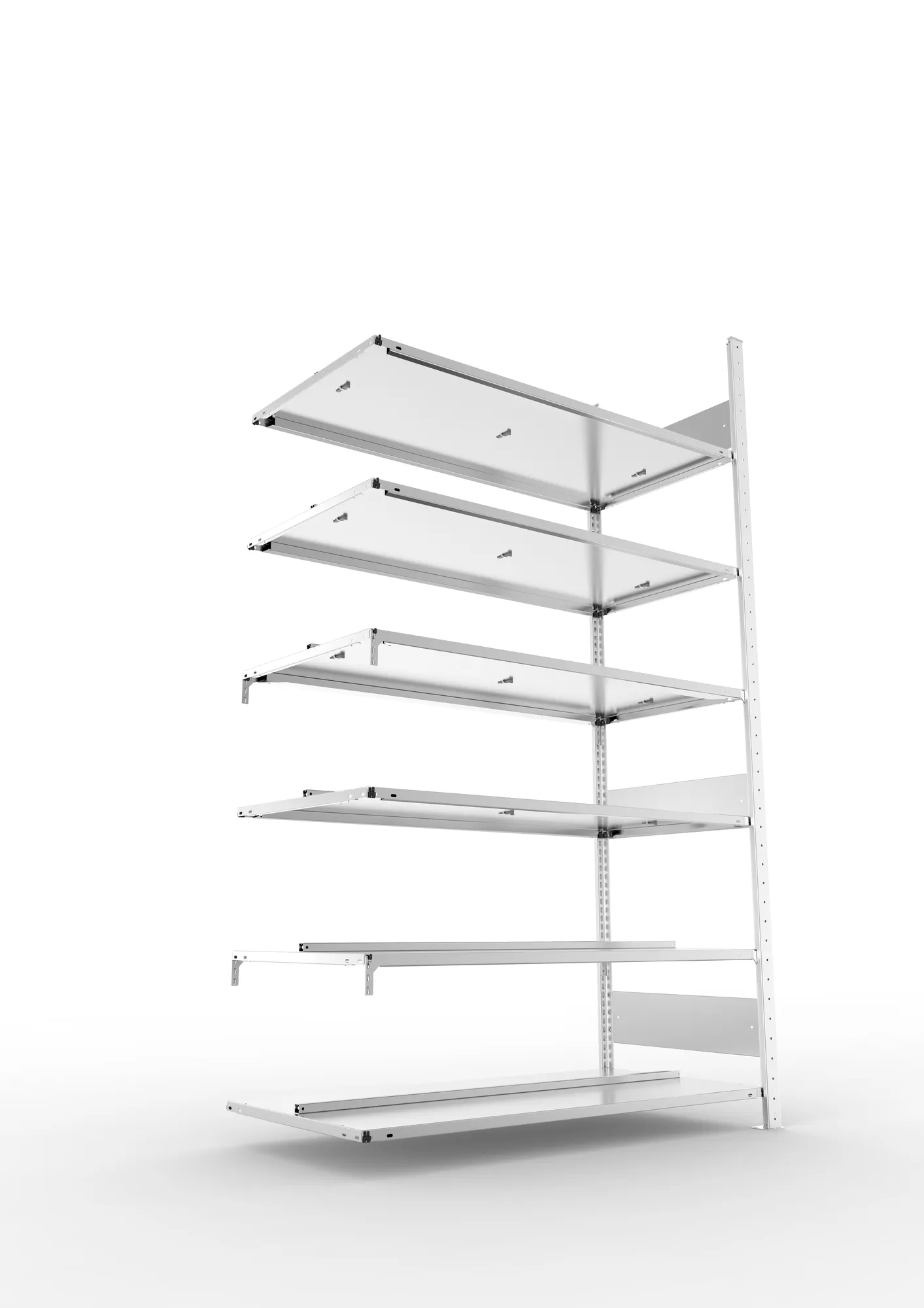 META CLIP COMPACT S3, Büro-Steckregal, Doppel-Anbauregal, 2200 x 1250 x 600 mm, Fachlast 100 kg, 6+0 Ebenen, Mittelanschlag, verzinkt – Ansicht von unten