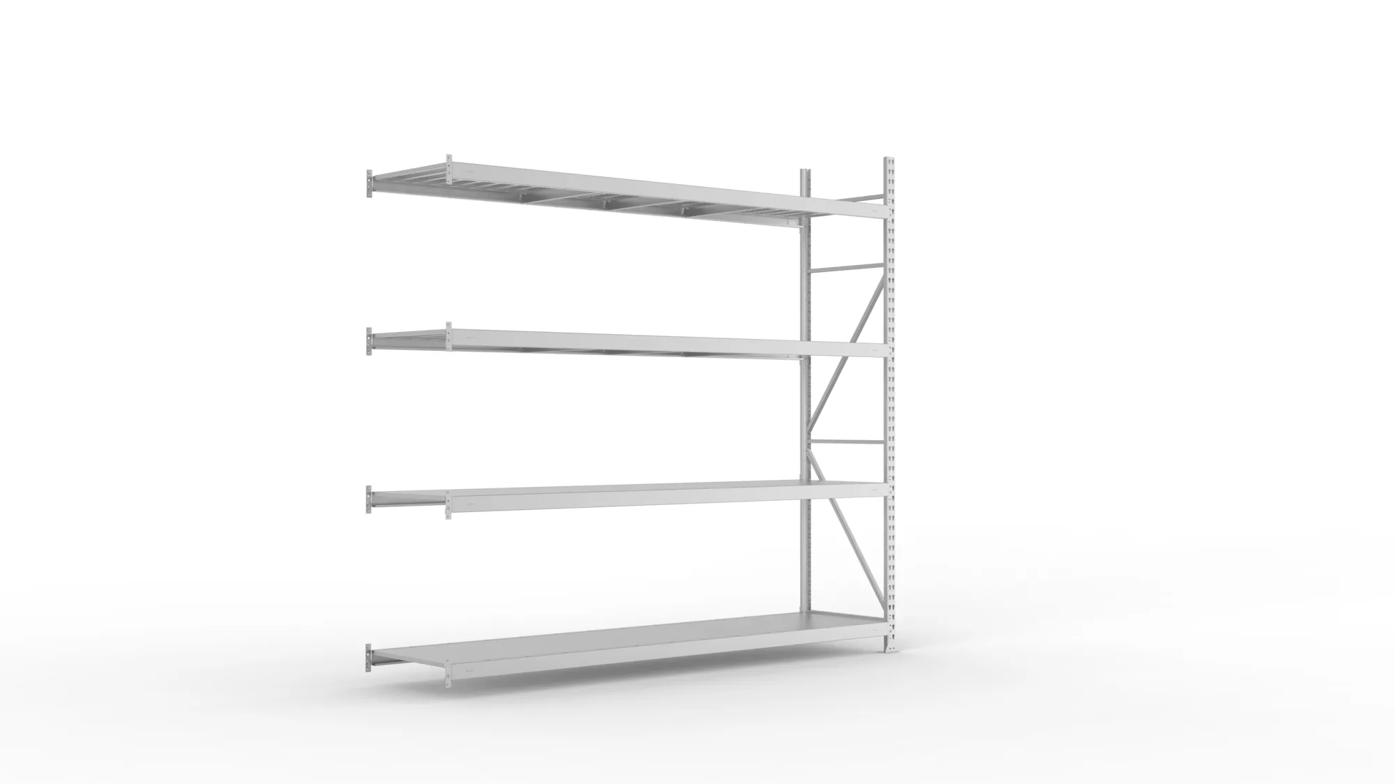 META MINI-RACK, Weitspannregal, Anbauregal, 2500 x 2600 x 650 mm, Fachlast 490 kg, Stahlpaneelböden, 4 Ebenen – Ansicht in Blickhöhe