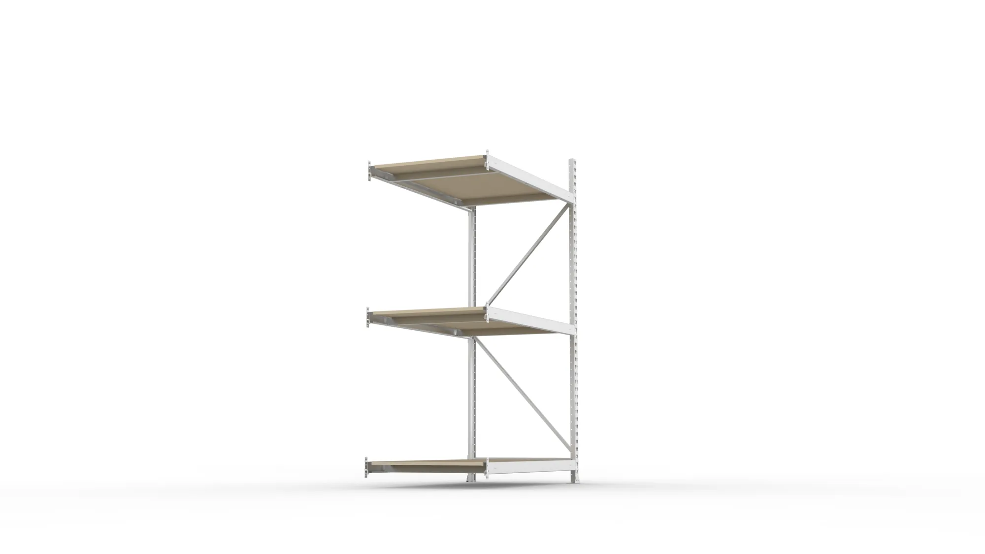 META MINI-RACK, Weitspannregal, Anbauregal, 2200 x 1400 x 800 mm, Fachlast 600 kg, Spanplattenböden, 3 Ebenen – Seitenansicht