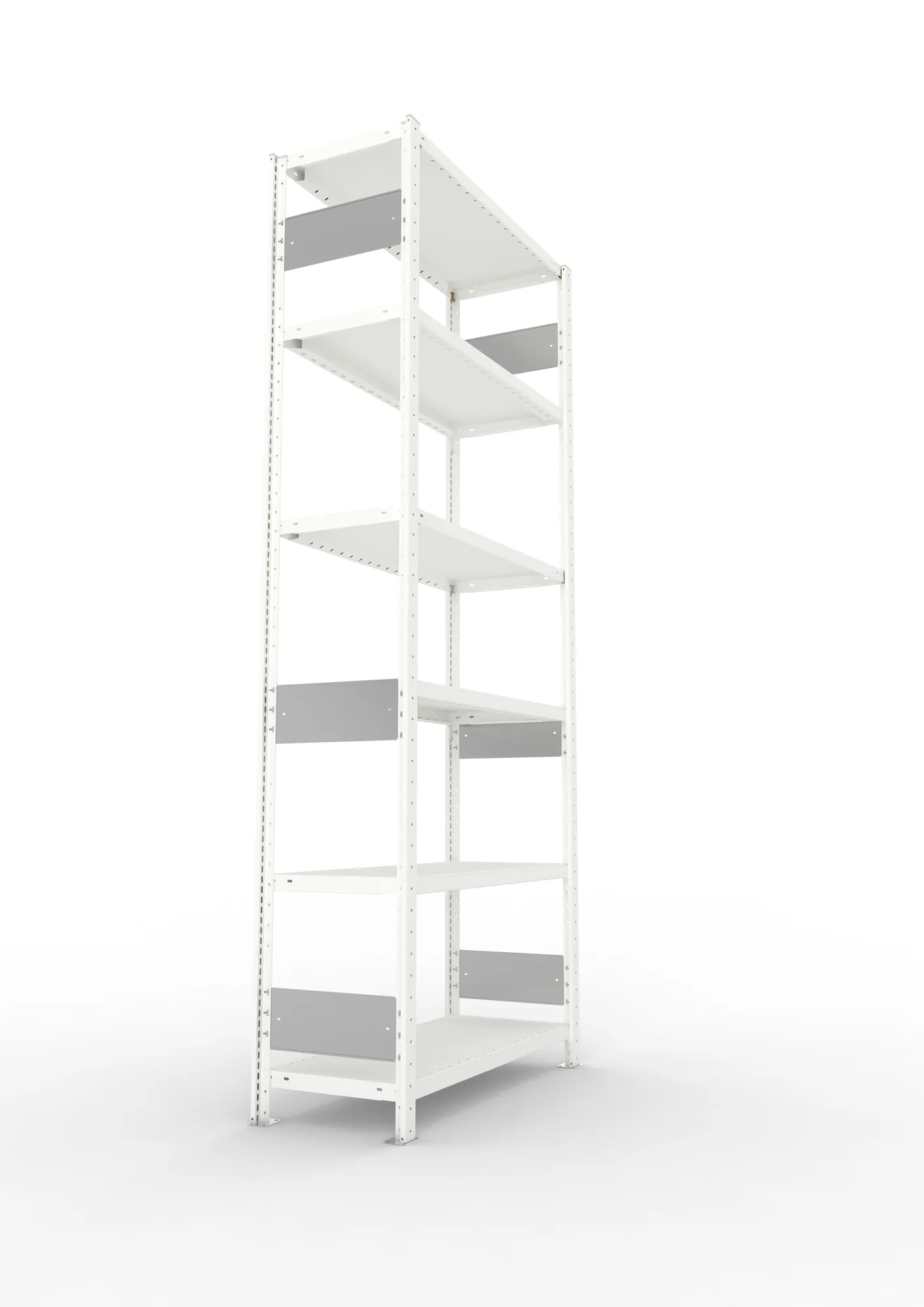META CLIP S3, Fachbodenregal, Grundregal, 2500 x 1000 x 400 mm, Fachlast 230 kg, 6 Ebenen, Längsriegel, RAL 7035 – Seitenansicht
