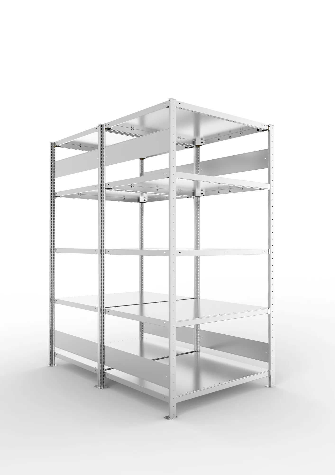 META CLIP S3, Fachbodenregal, Doppel-Grundregal, 2000 x 1000 x 800 mm, Fachlast 230 kg, 5 Ebenen, Längsriegel, verzinkt – Ansicht in Blickhöhe