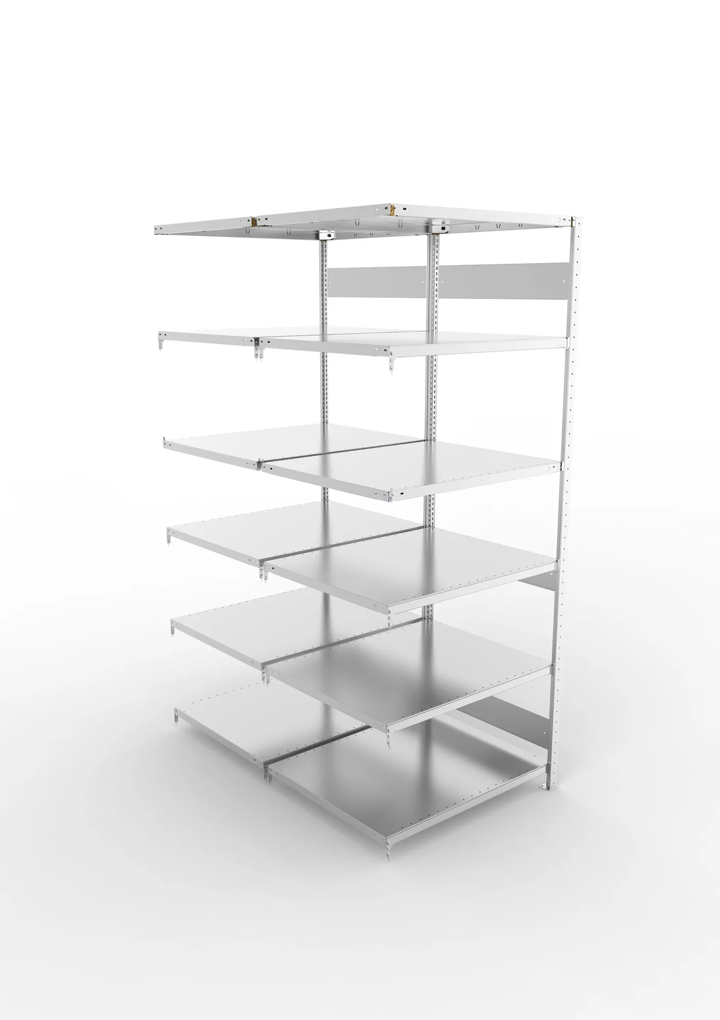 META CLIP S3, Fachbodenregal, Doppel-Anbauregal, 2500 x 1000 x 800 mm, Fachlast 230 kg, 6 Ebenen, Längsriegel, verzinkt – Ansicht von oben