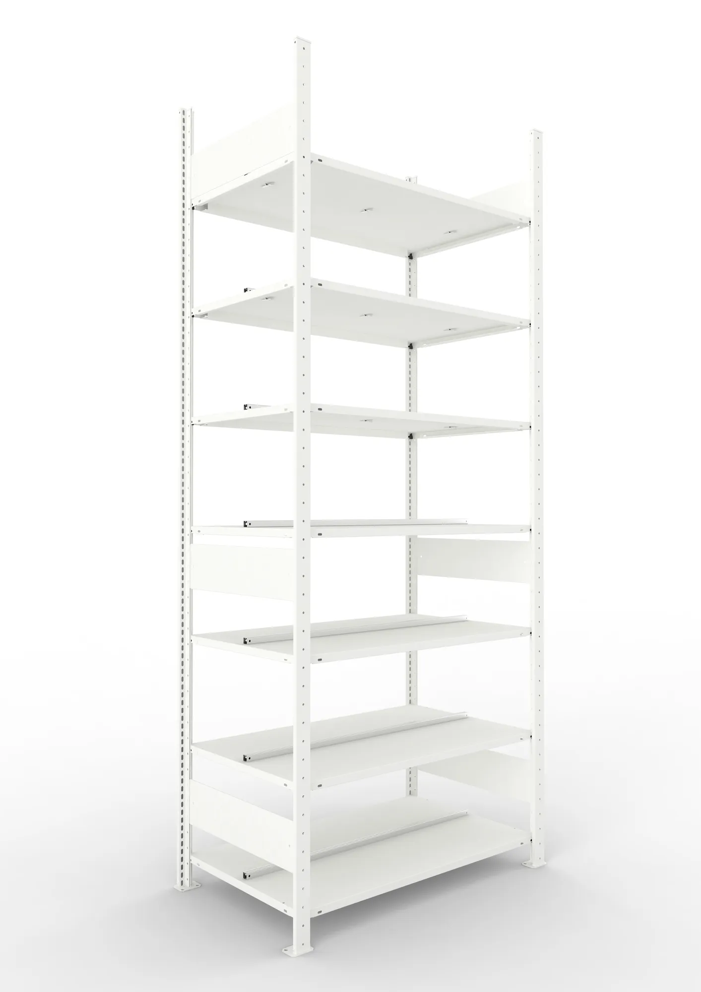 META CLIP COMPACT, Büro-Steckregal, Grundregal, 2500 x 1000 x 600 mm, Fachlast 100 kg, 7+0 Ebenen, RAL 7035 – Ansicht in Blickhöhe