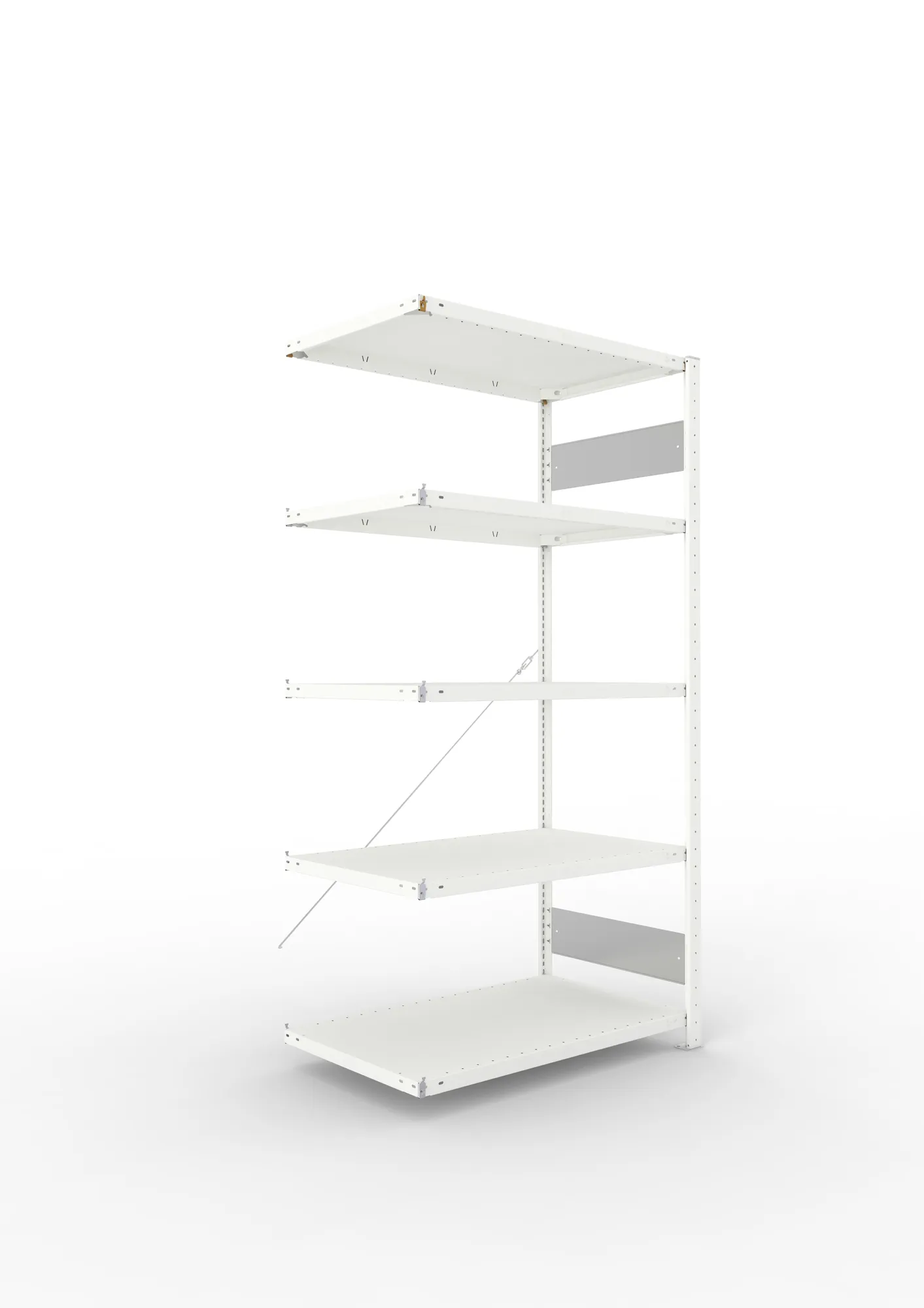 META CLIP S3, Fachbodenregal, Anbauregal, 2000 x 1000 x 600 mm, Fachlast 150 kg, 5 Ebenen, RAL 7035 – Ansicht in Blickhöhe