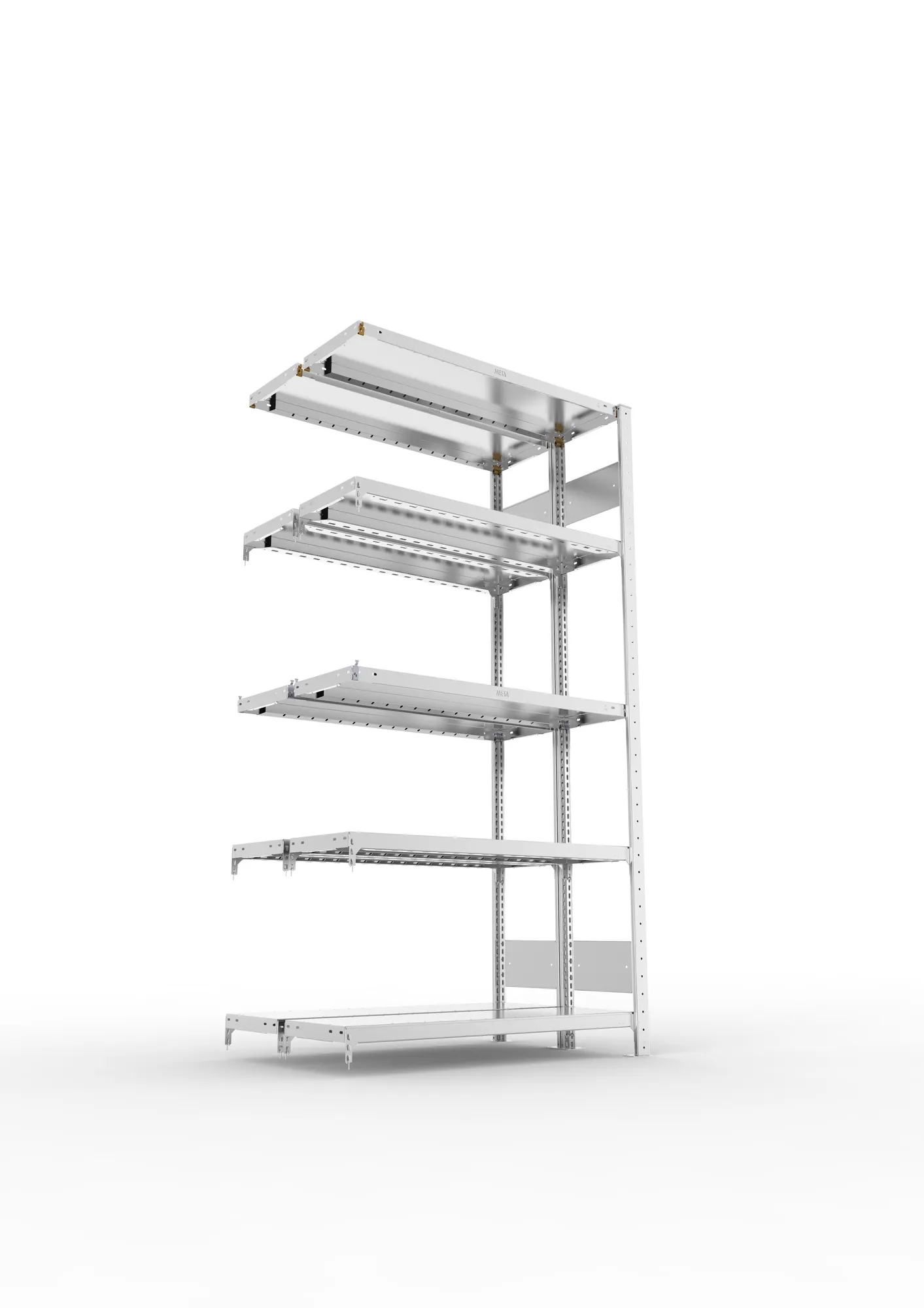 META CLIP S3, Fachbodenregal, Doppel-Anbauregal, 2000 x 1000 x 300 mm, Fachlast 230 kg, 5 Ebenen, Längsriegel, verzinkt – Ansicht von unten