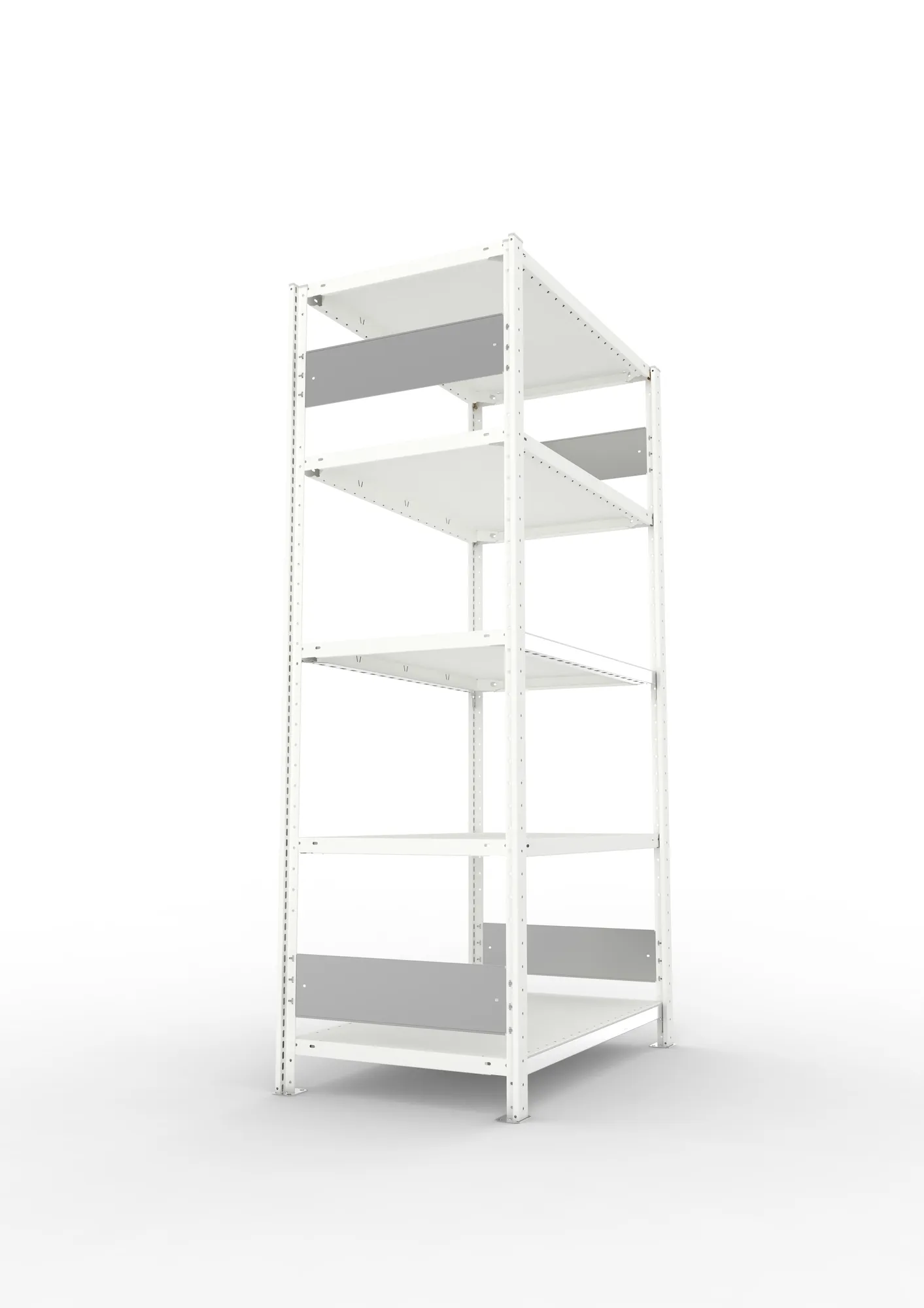 META CLIP S3, Fachbodenregal, Grundregal, 2000 x 1000 x 600 mm, Fachlast 150 kg, 5 Ebenen, Längsriegel, RAL 7035 – Seitenansicht