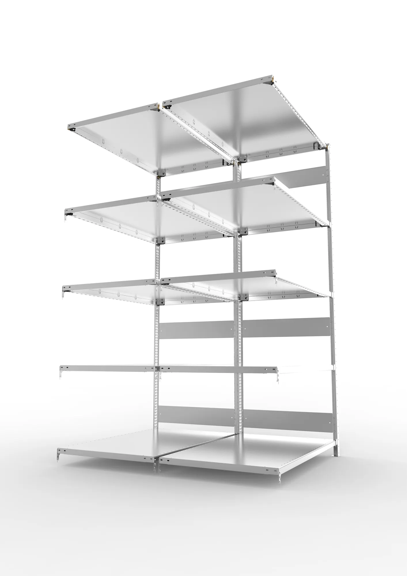 META CLIP S3, Fachbodenregal, Doppel-Anbauregal, 2500 x 1300 x 800 mm, Fachlast 230 kg, 5 Ebenen, Längsriegel, verzinkt – Seitenansicht