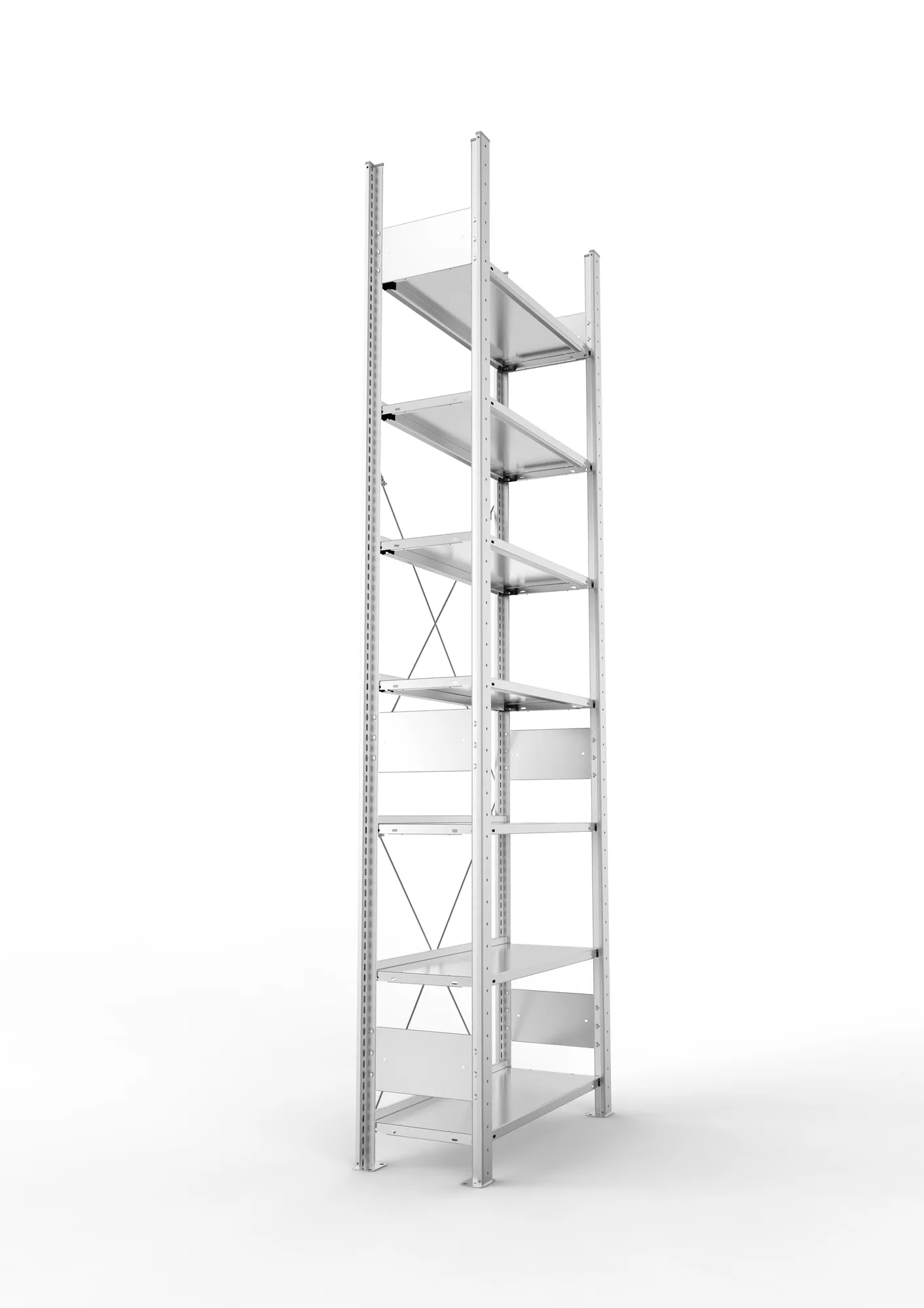 META CLIP COMPACT S3, Büro-Steckregal, Grundregal, 2500 x 750 x 300 mm, Fachlast 80 kg, 7+0 Ebenen, Endanschlag, verzinkt – Seitenansicht