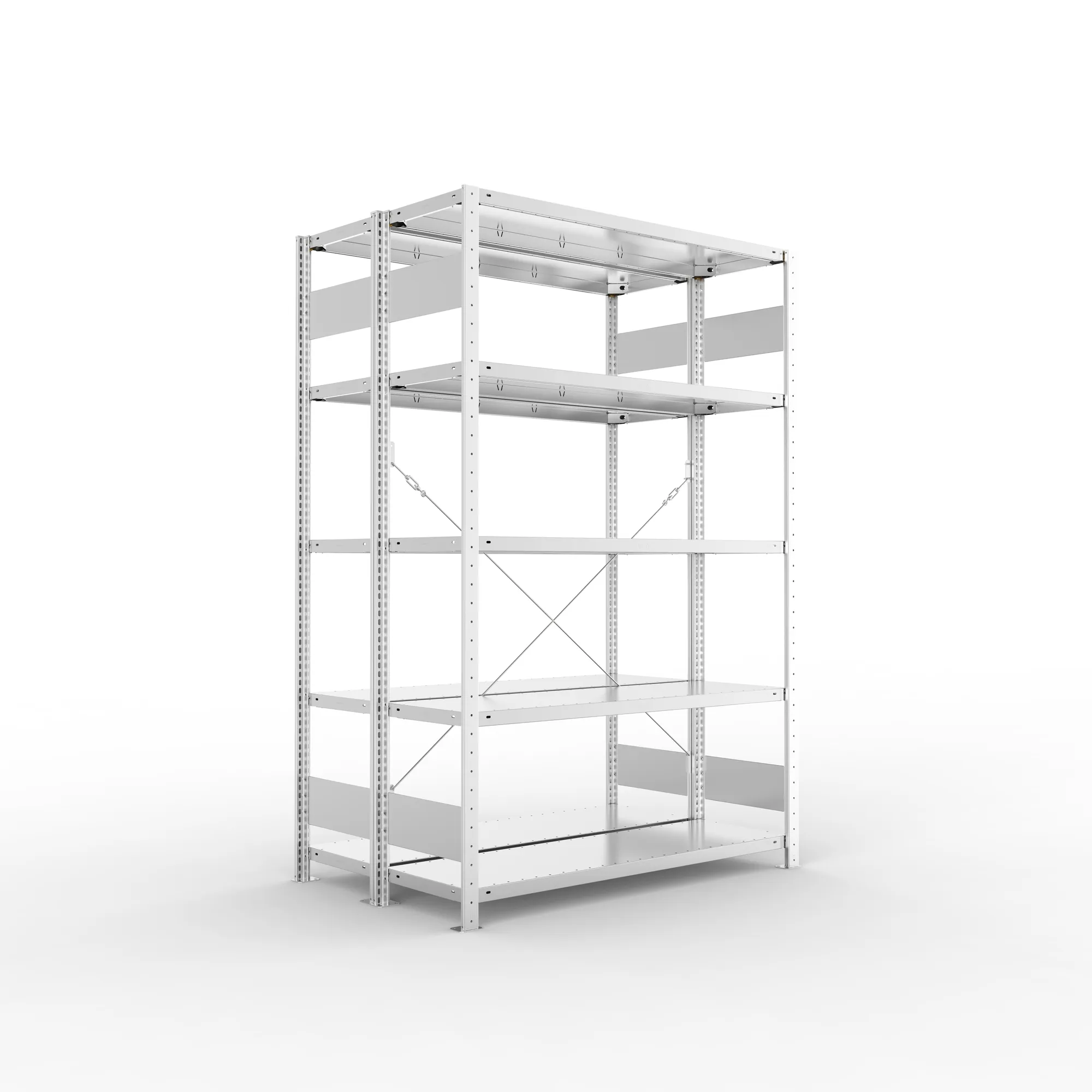 META CLIP S3, Fachbodenregal, Doppel-Grundregal, 2000 x 1300 x 400 mm, Fachlast 150 kg, 5 Ebenen, verzinkt – Ansicht in Blickhöhe
