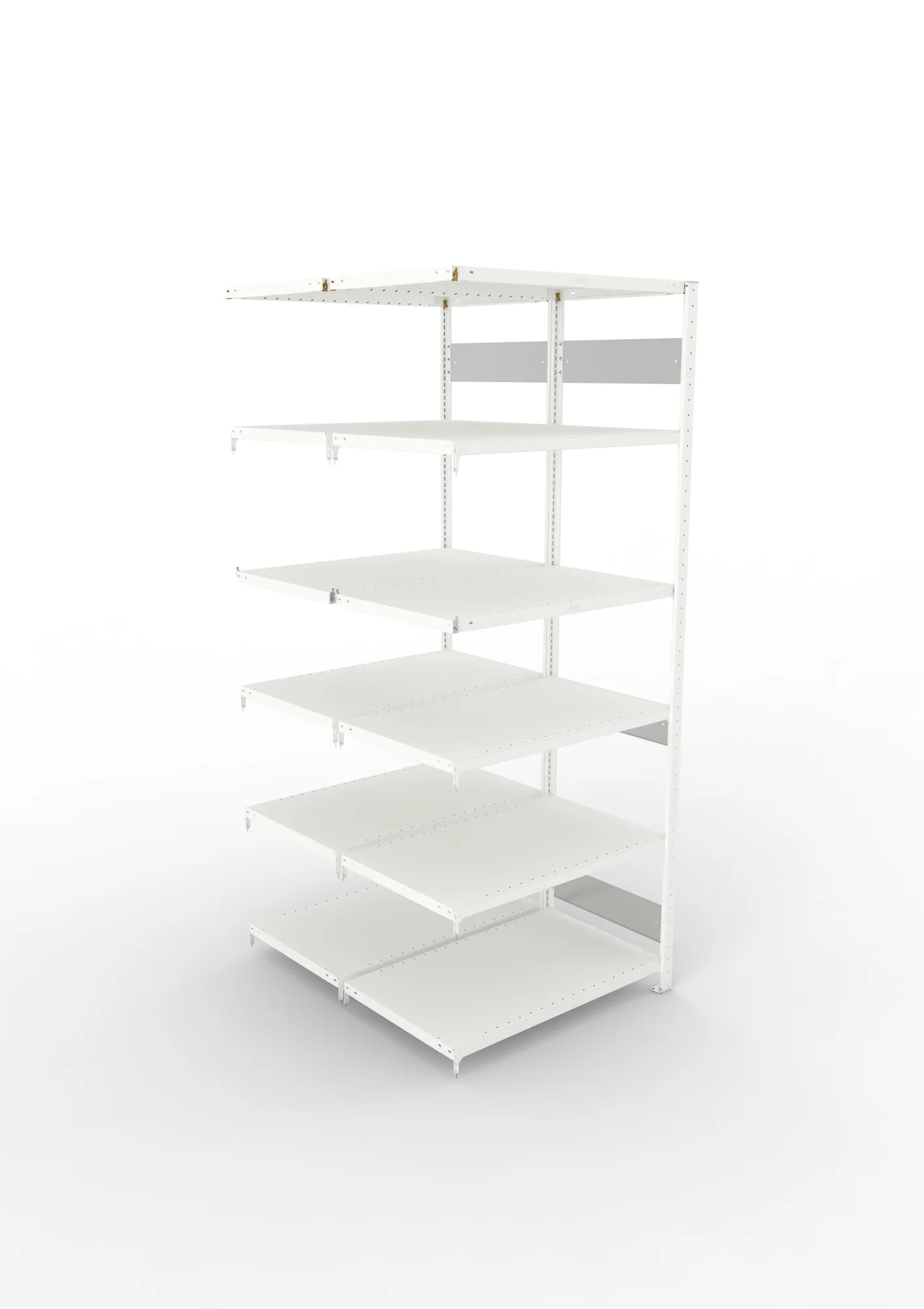 META CLIP S3, Fachbodenregal, Doppel-Anbauregal, 2500 x 1000 x 600 mm, Fachlast 230 kg, 6 Ebenen, Längsriegel, RAL 7035 – Ansicht von oben