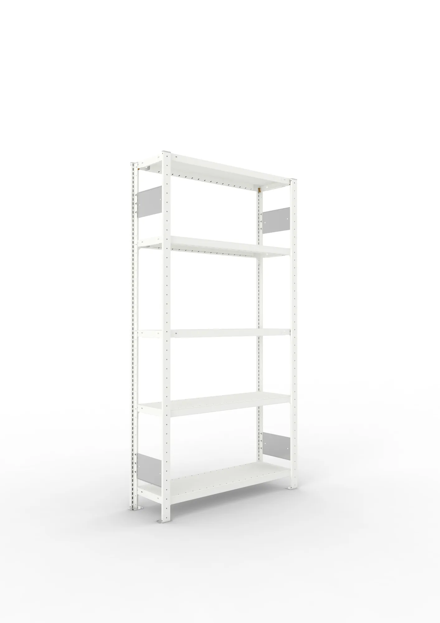 META CLIP S3, Fachbodenregal, Grundregal, 2000 x 1000 x 300 mm, Fachlast 230 kg, 5 Ebenen, Längsriegel, RAL 7035 – Ansicht in Blickhöhe
