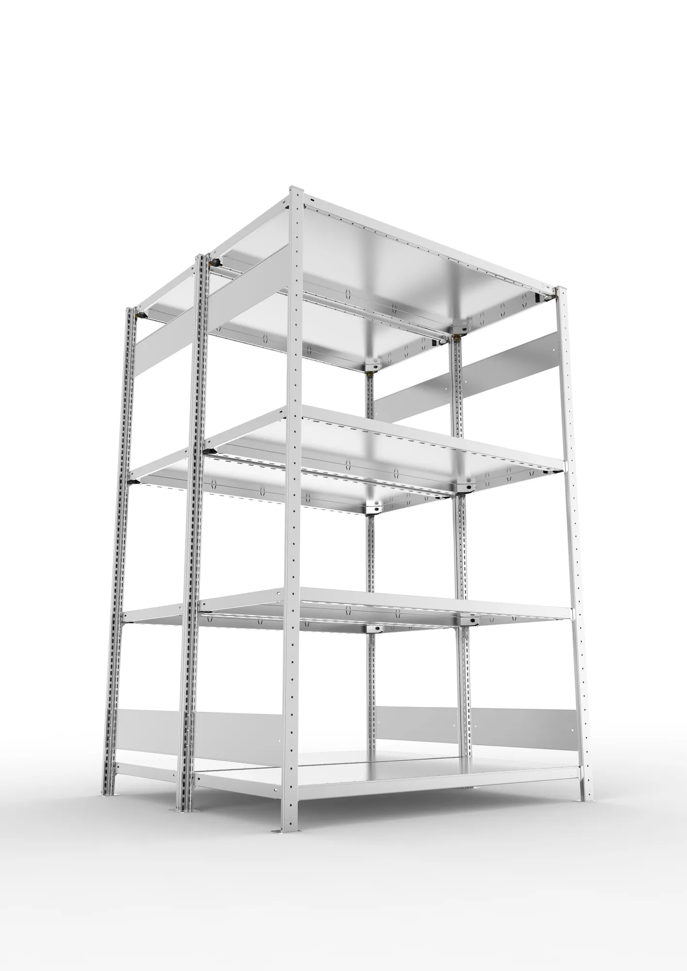 META CLIP S3, Fachbodenregal, Doppel-Grundregal, 2000 x 1300 x 600 mm, Fachlast 230 kg, 4 Ebenen, Längsriegel, verzinkt – Ansicht von unten
