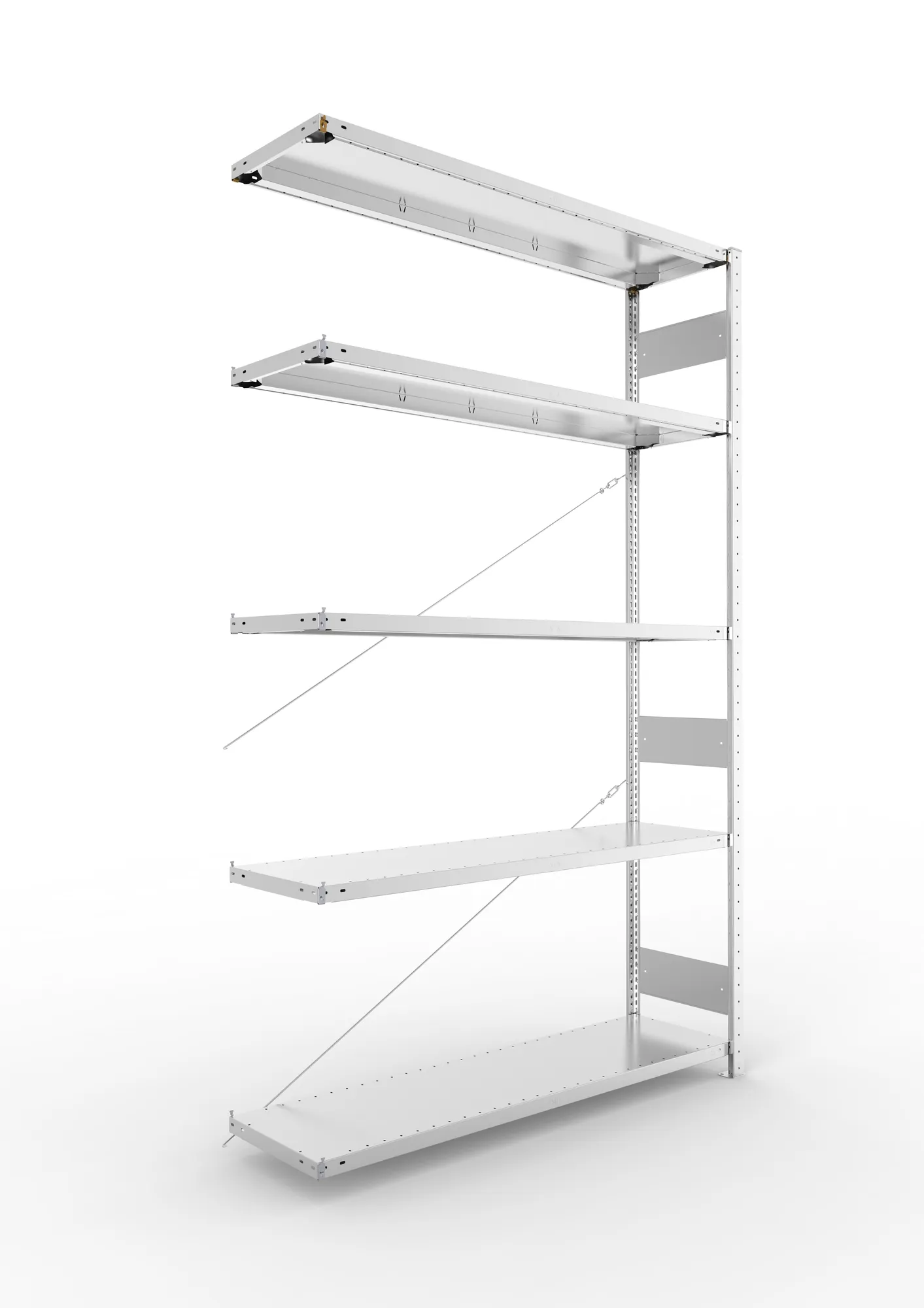 META CLIP S3, Fachbodenregal, Anbauregal, 2500 x 1500 x 400 mm, Fachlast 200 kg, 5 Ebenen, verzinkt – Ansicht in Blickhöhe