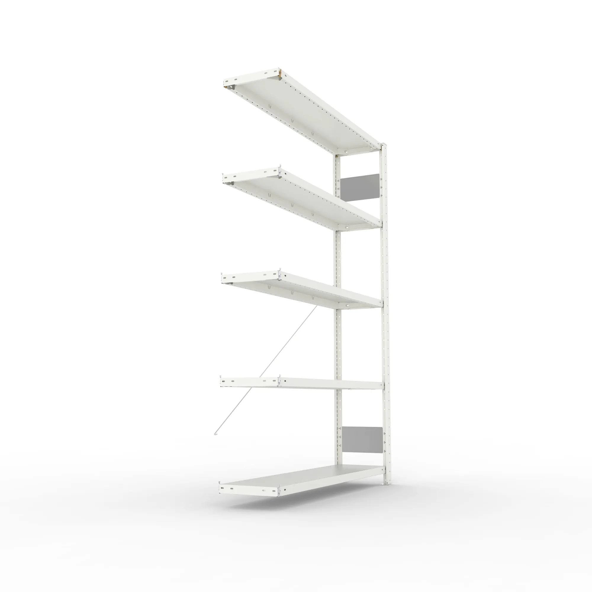 META CLIP S3, Fachbodenregal, Anbauregal, 2000 x 1300 x 300 mm, Fachlast 230 kg, 5 Ebenen, RAL 7035 – Seitenansicht