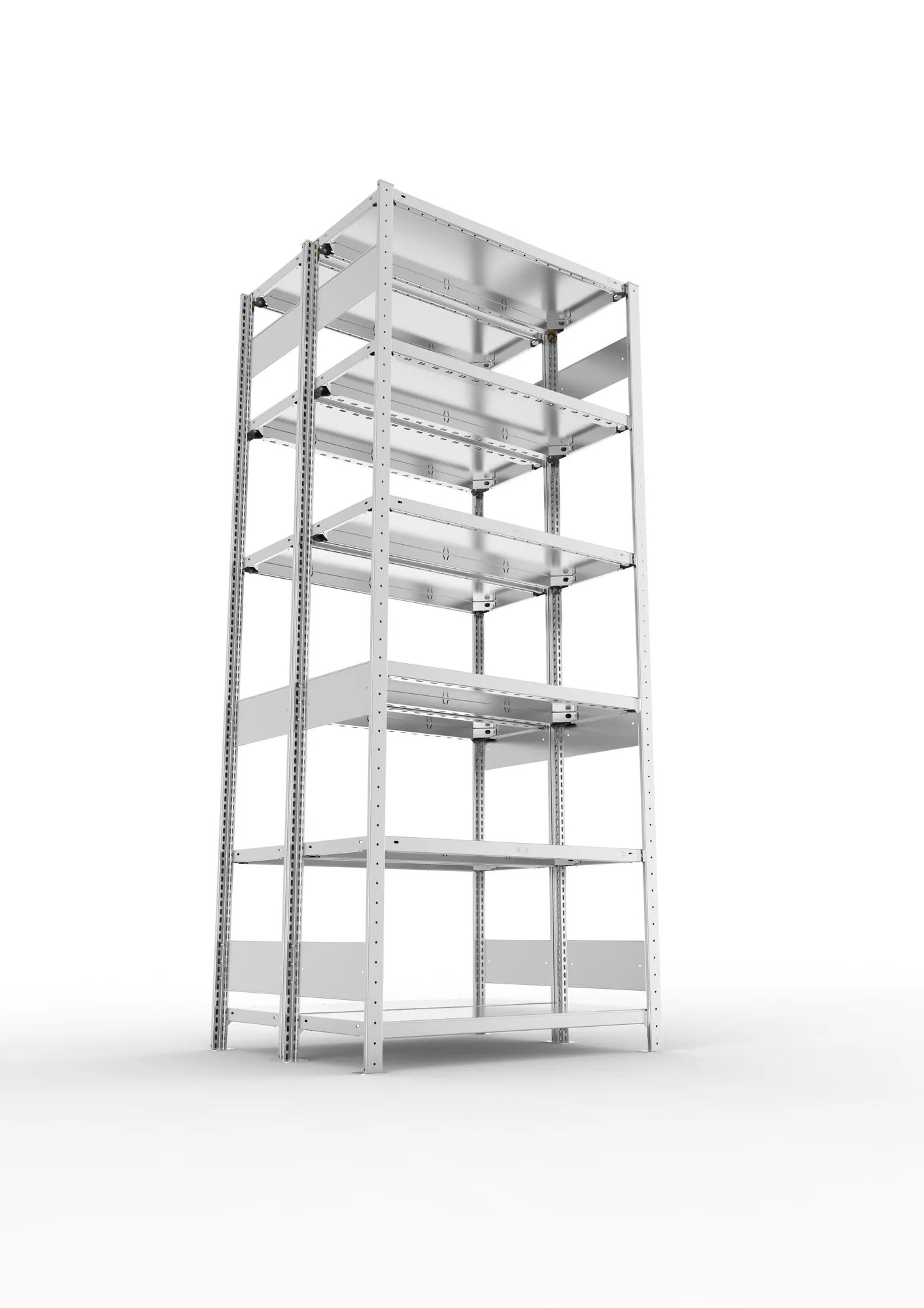 META CLIP S3, Fachbodenregal, Doppel-Grundregal, 2500 x 1000 x 400 mm, Fachlast 150 kg, 6 Ebenen, Längsriegel, verzinkt – Ansicht von unten