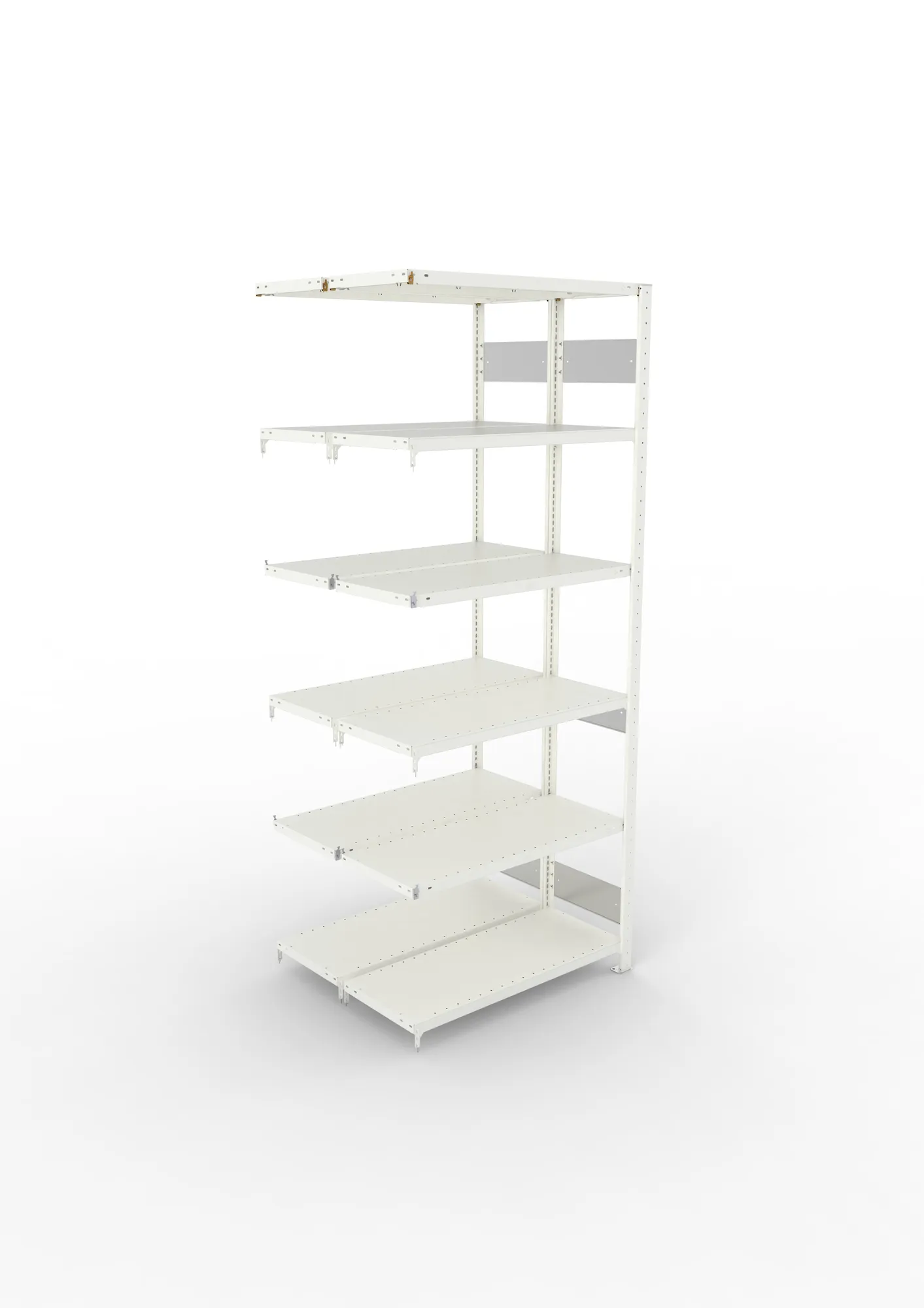 META CLIP S3, Fachbodenregal, Doppel-Anbauregal, 2500 x 1000 x 400 mm, Fachlast 150 kg, 6 Ebenen, Längsriegel, RAL 7035 – Ansicht von oben