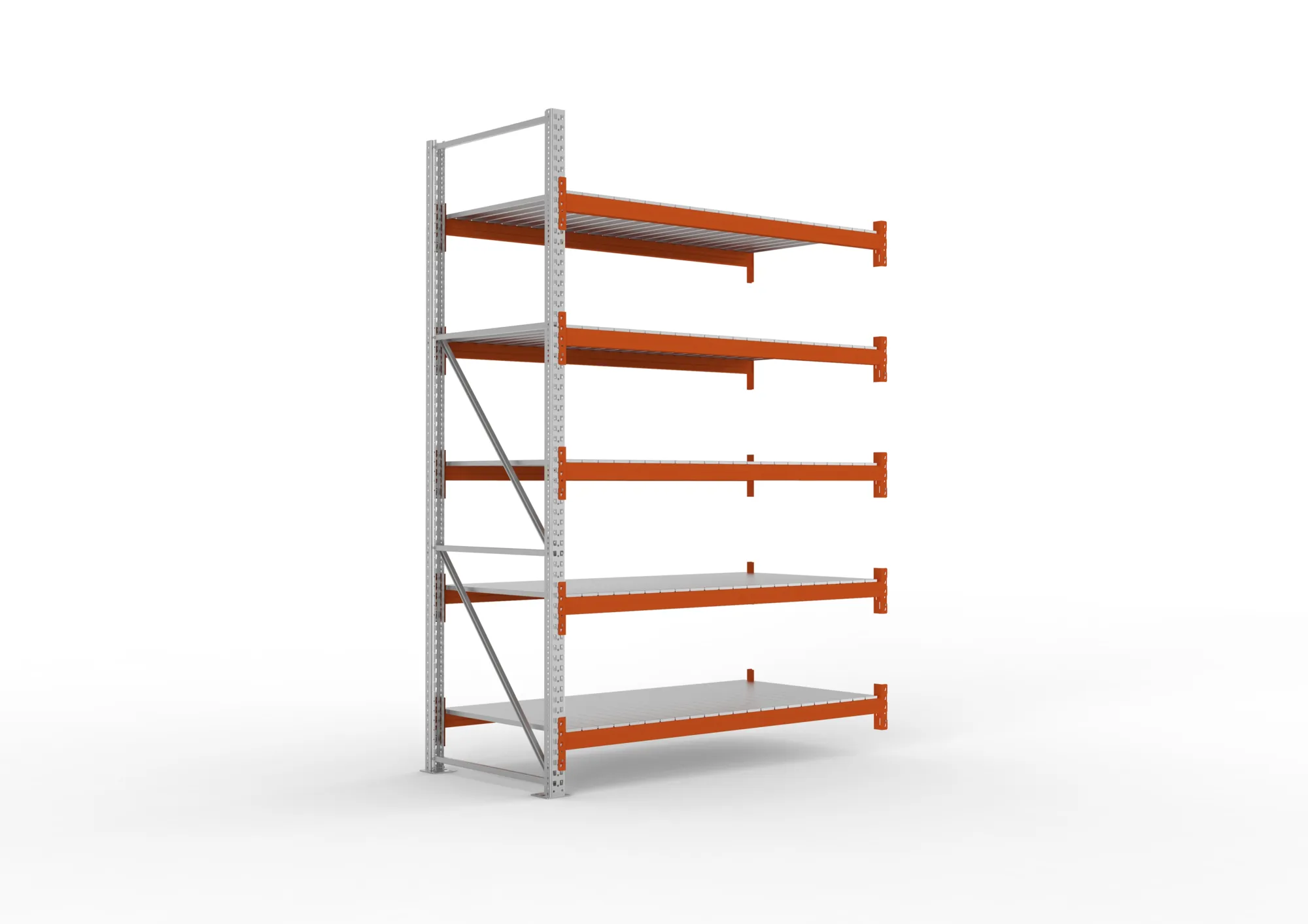 META MULTIPAL, Großfachregal, Anbauregal, 3300 x 2225 x 1100 mm, Fachlast 1700 kg, 5 Ebenen, Stahlpaneele, verzinkt – Ansicht in Blickhöhe