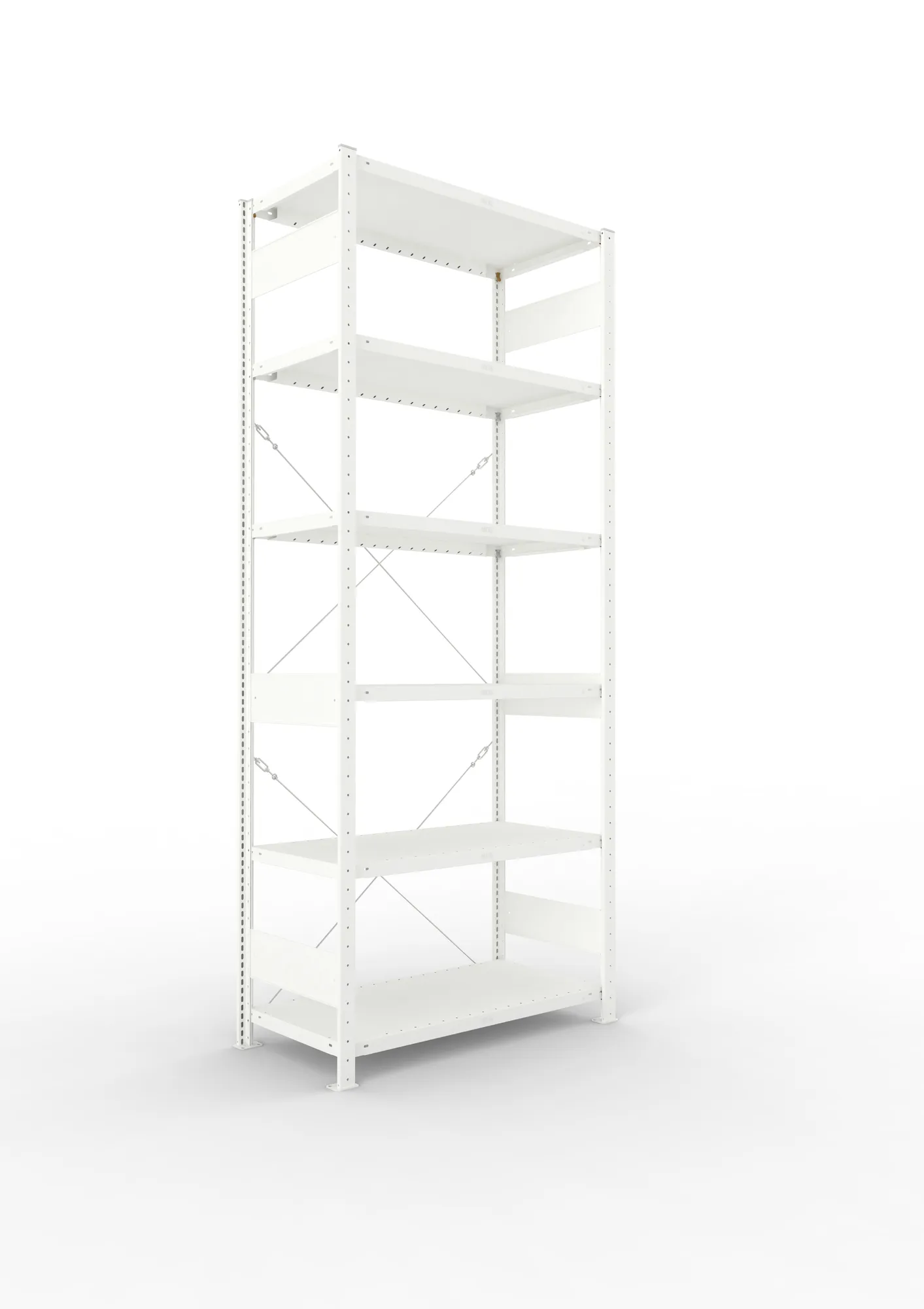 META CLIP, Fachbodenregal, Grundregal, 2500 x 1000 x 500 mm, Fachlast 230 kg, 6 Ebenen, RAL 7035 – Ansicht in Blickhöhe