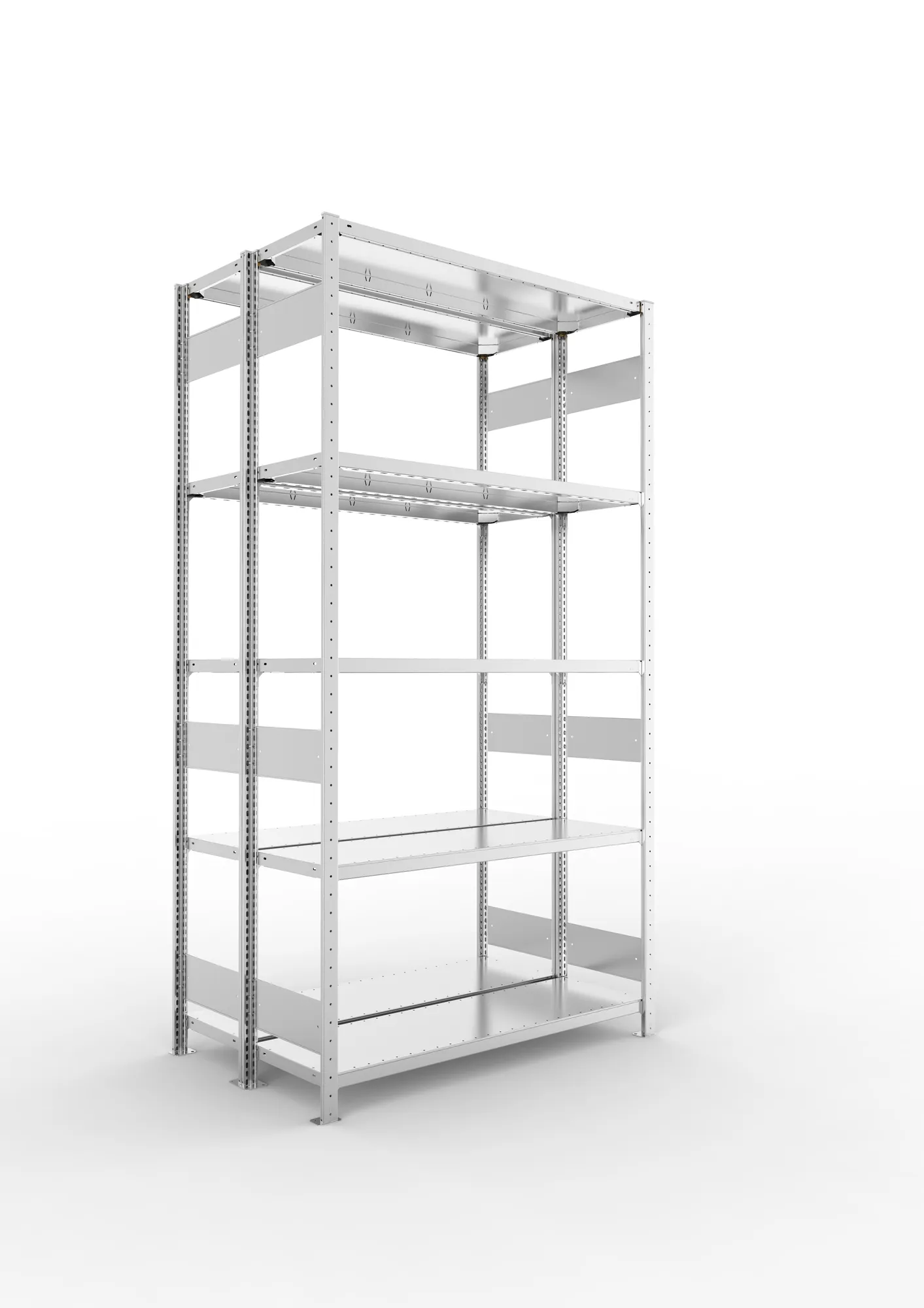 META CLIP S3, Fachbodenregal, Doppel-Grundregal, 2500 x 1300 x 400 mm, Fachlast 230 kg, 5 Ebenen, Längsriegel, verzinkt – Ansicht in Blickhöhe