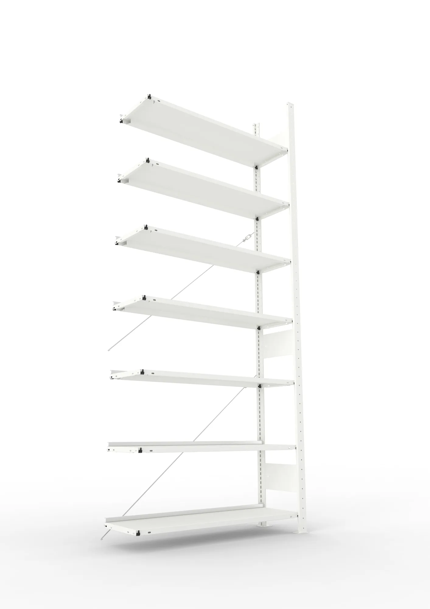 META CLIP COMPACT, Büro-Steckregal, Anbauregal, 2500 x 1100 x 300 mm, Fachlast 80 kg, 7+0 Ebenen, RAL 7035 – Ansicht von unten