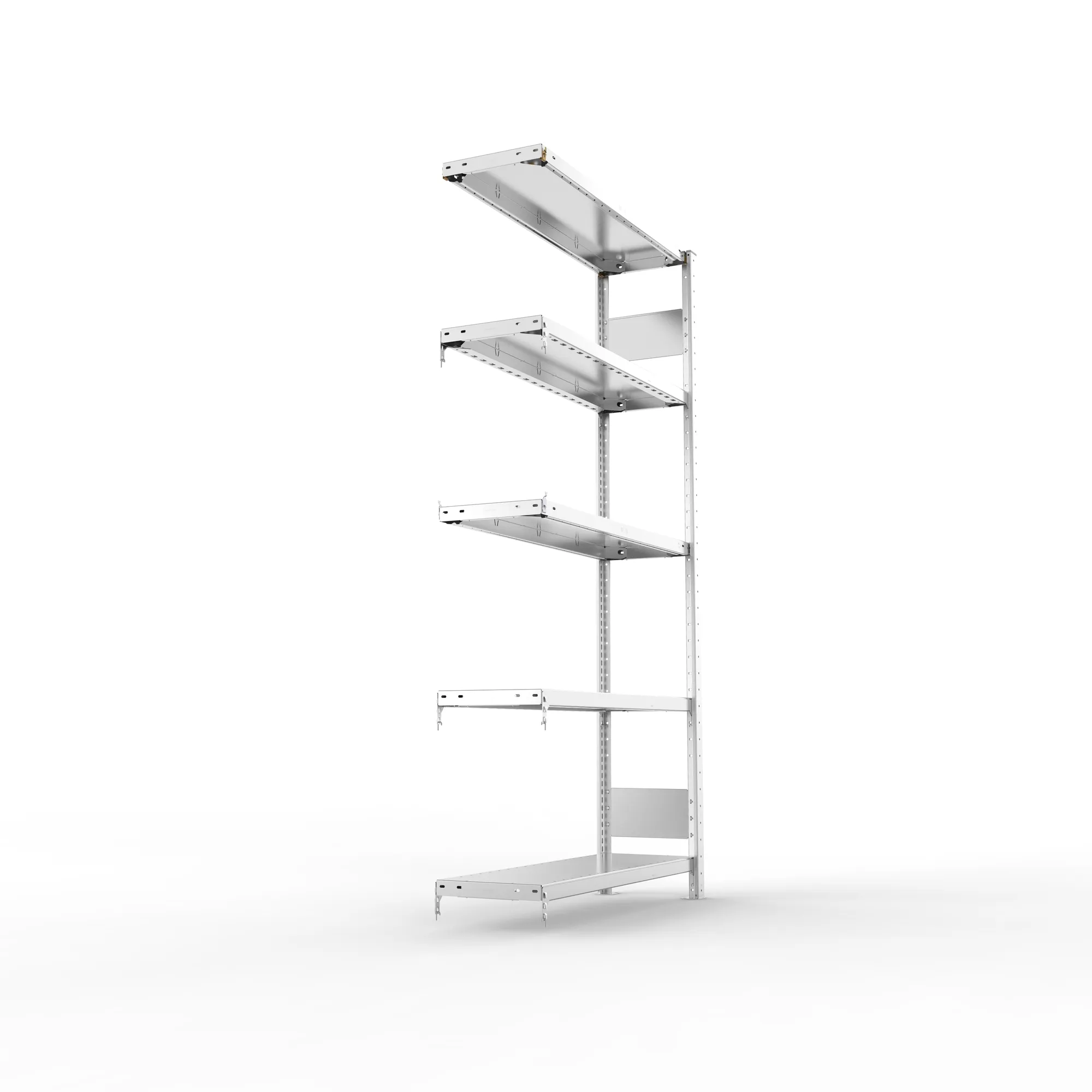META CLIP S3, Fachbodenregal, Anbauregal, 2000 x 1000 x 300 mm, Fachlast 230 kg, 5 Ebenen, Längsriegel, verzinkt – Seitenansicht