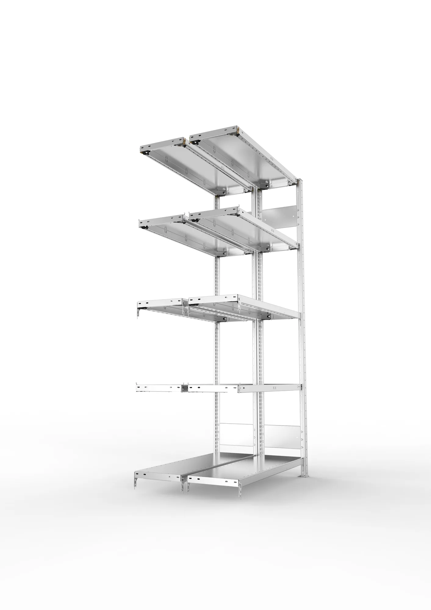 META CLIP S3, Fachbodenregal, Doppel-Anbauregal, 2000 x 1000 x 300 mm, Fachlast 150 kg, 5 Ebenen, Längsriegel, verzinkt – Seitenansicht