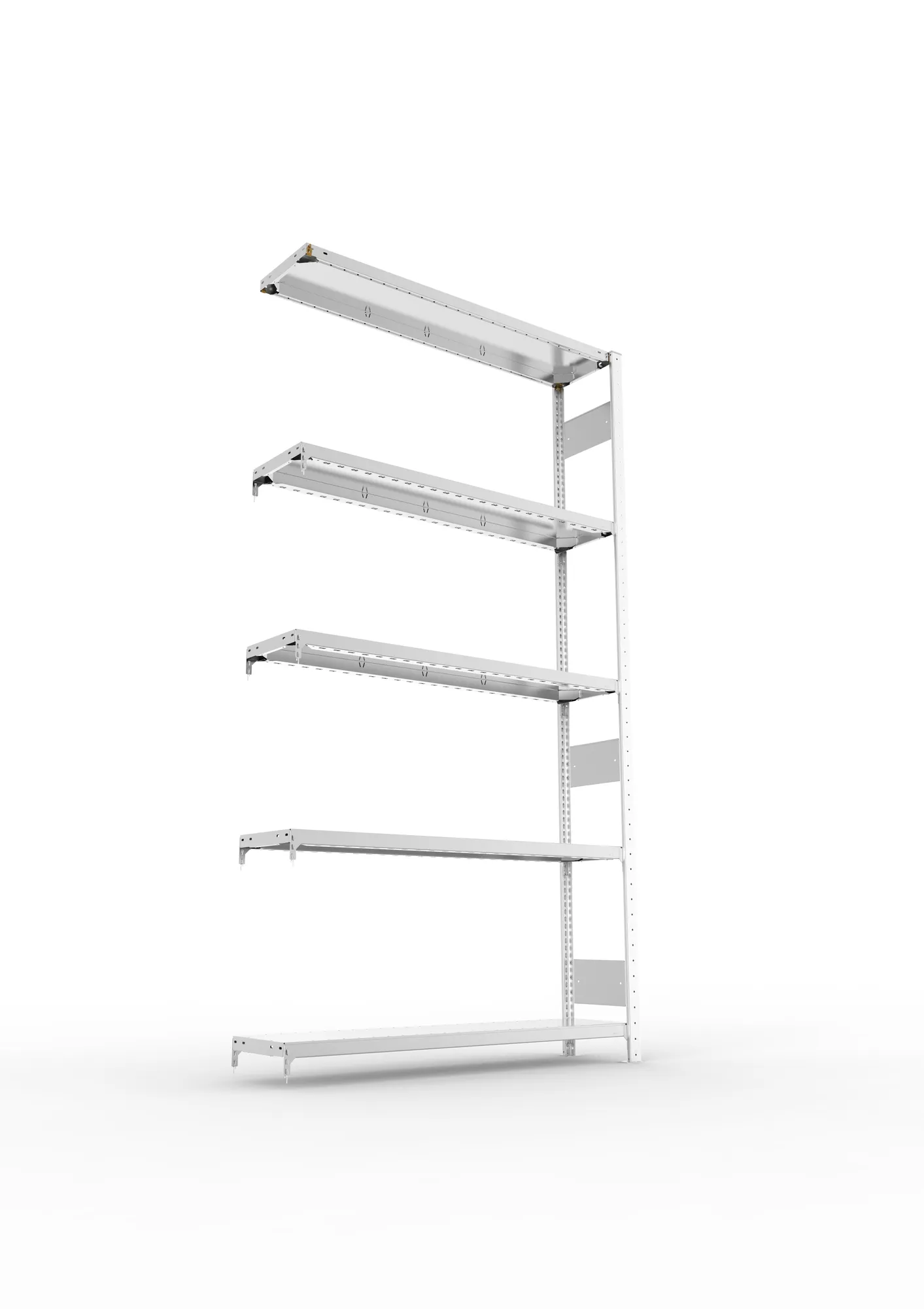 META CLIP S3, Fachbodenregal, Anbauregal, 2500 x 1300 x 300 mm, Fachlast 230 kg, 5 Ebenen, Längsriegel, verzinkt – Ansicht von unten