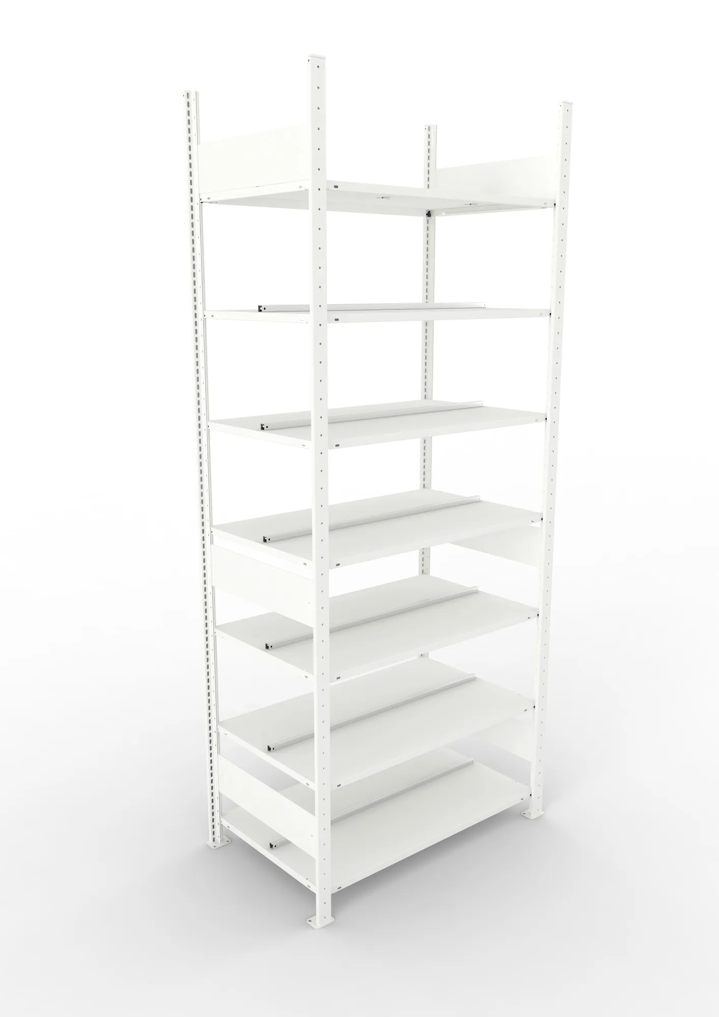 META CLIP COMPACT, Büro-Steckregal, Grundregal, 2500 x 1000 x 600 mm, Fachlast 100 kg, 7+0 Ebenen, RAL 7035 – Ansicht von oben