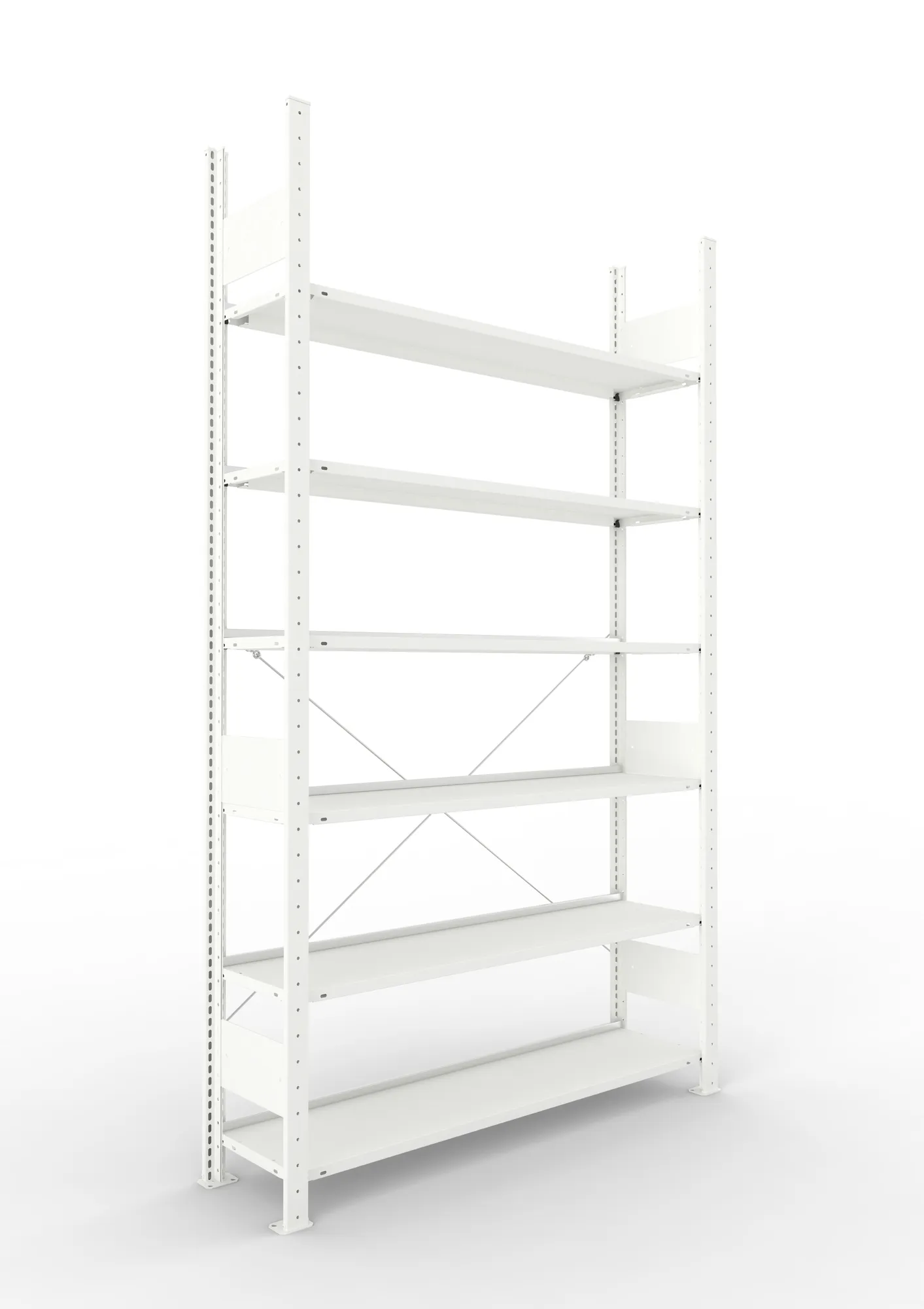 META CLIP COMPACT, Büro-Steckregal, Grundregal, 2200 x 1250 x 300 mm, Fachlast 80 kg, 6+0 Ebenen, RAL 7035 – Ansicht in Blickhöhe