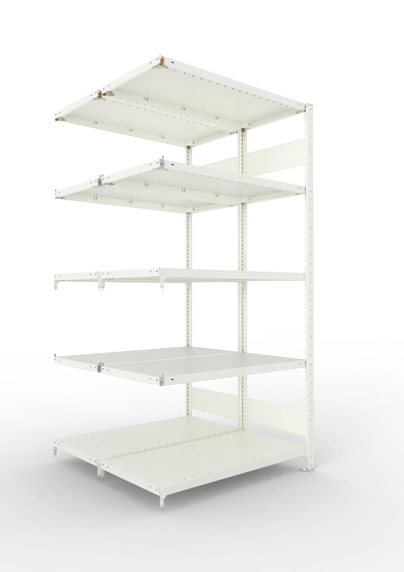 META CLIP S3, Fachbodenregal, Doppel-Anbauregal, 2000 x 1000 x 500 mm, Fachlast 150 kg, 5 Ebenen, Längsriegel, RAL 7035 – Ansicht in Blickhöhe