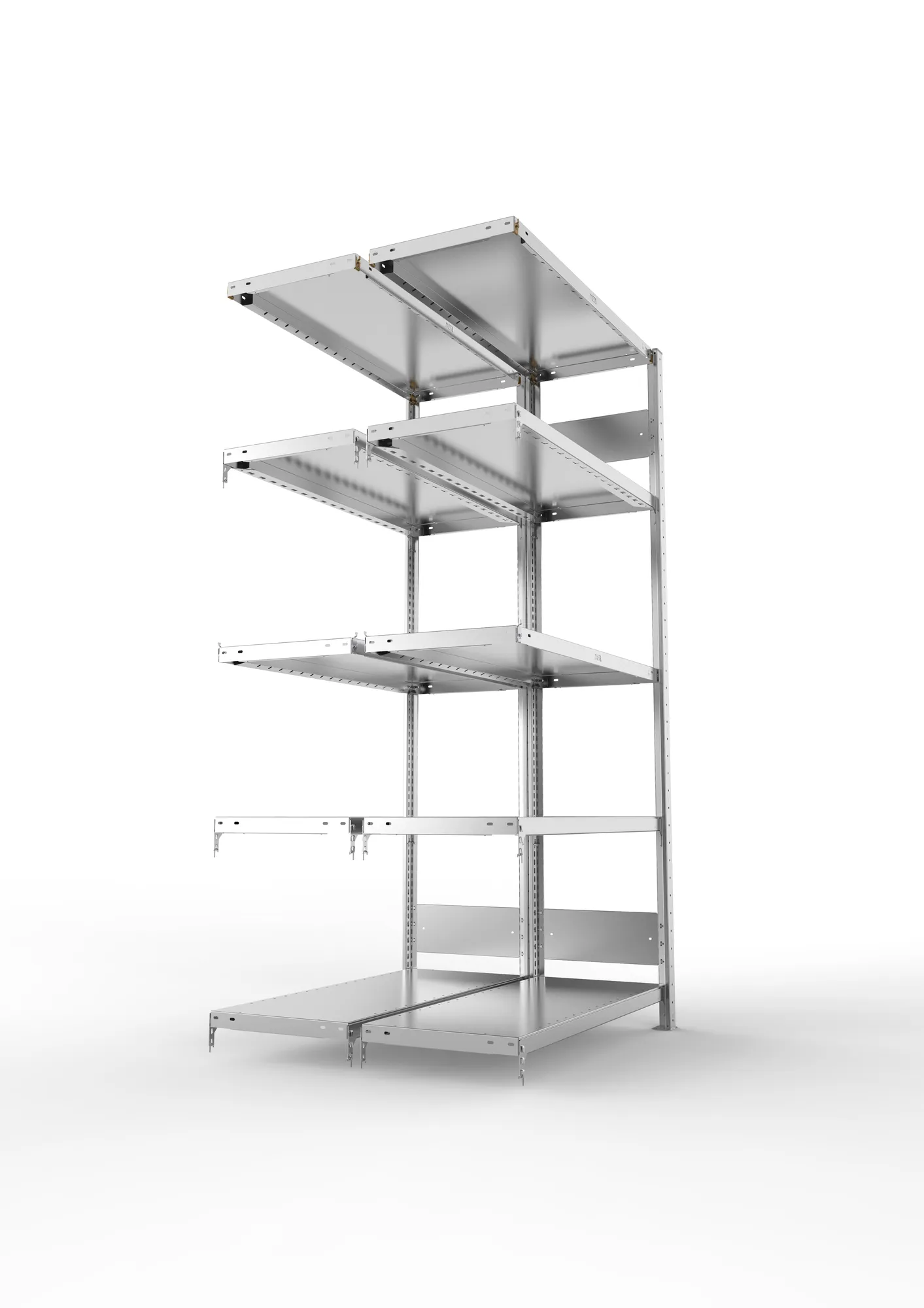 META CLIP S3, Fachbodenregal, Doppel-Anbauregal, 2000 x 1000 x 400 mm, Fachlast 230 kg, 5 Ebenen, Längsriegel, verzinkt – Seitenansicht