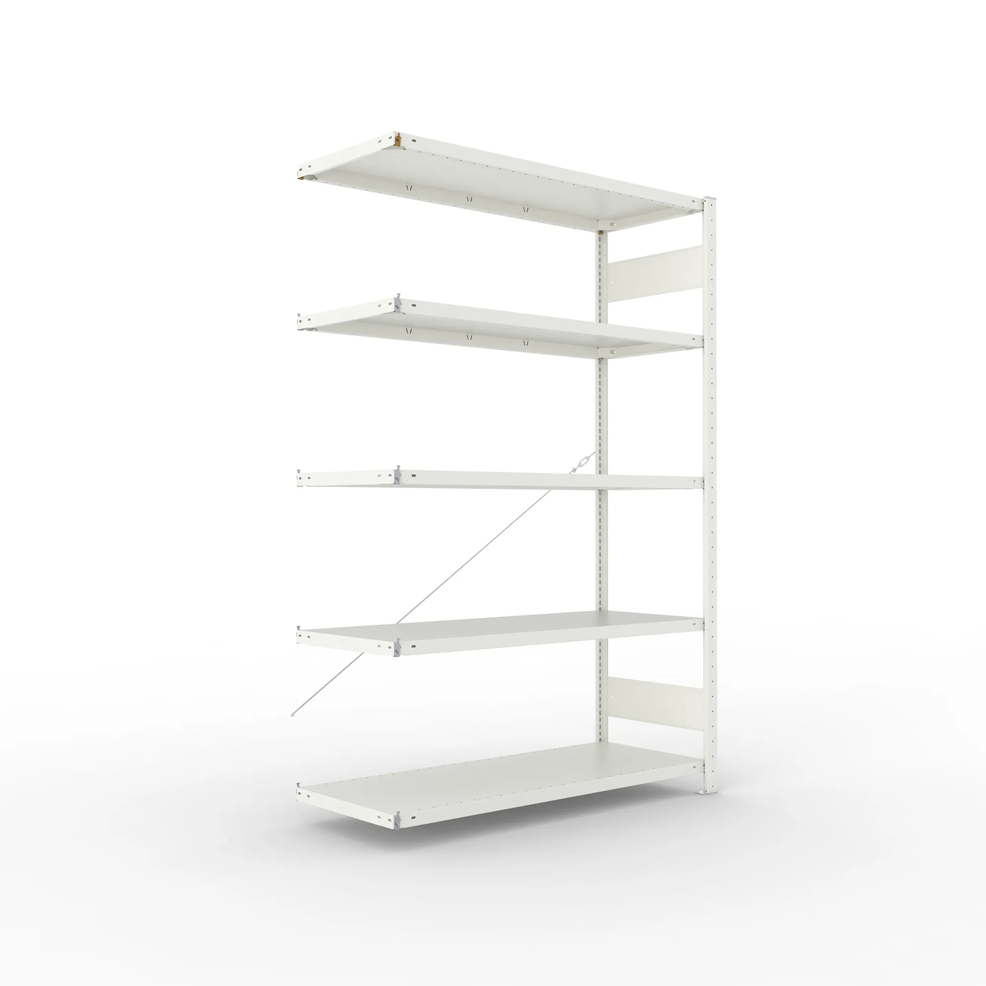 META CLIP, Fachbodenregal, Anbauregal, 2000 x 1300 x 500 mm, Fachlast 230 kg, 5 Ebenen, RAL 7035 – Ansicht in Blickhöhe