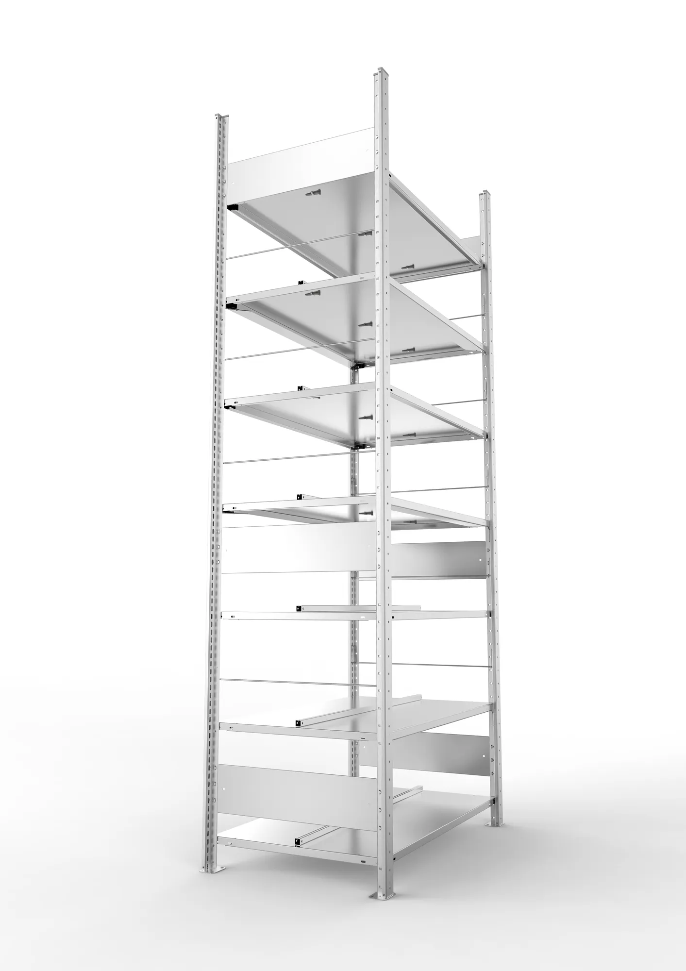 META CLIP COMPACT S3, Büro-Steckregal, Doppel-Grundregal, 2500 x 1000 x 600 mm, Fachlast 100 kg, 7+0 Ebenen, Mittelanschlag, verzinkt – Seitenansicht