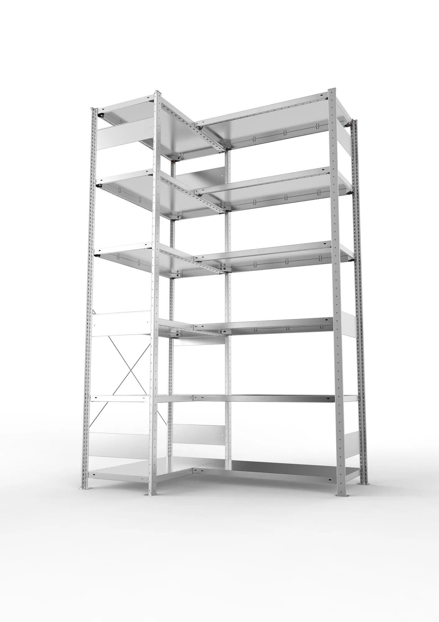 META CLIP, Eckregal, 2500 x 1000 x 500 mm, Fachlast 100 kg, 6 Ebenen, verzinkt – Seitenansicht