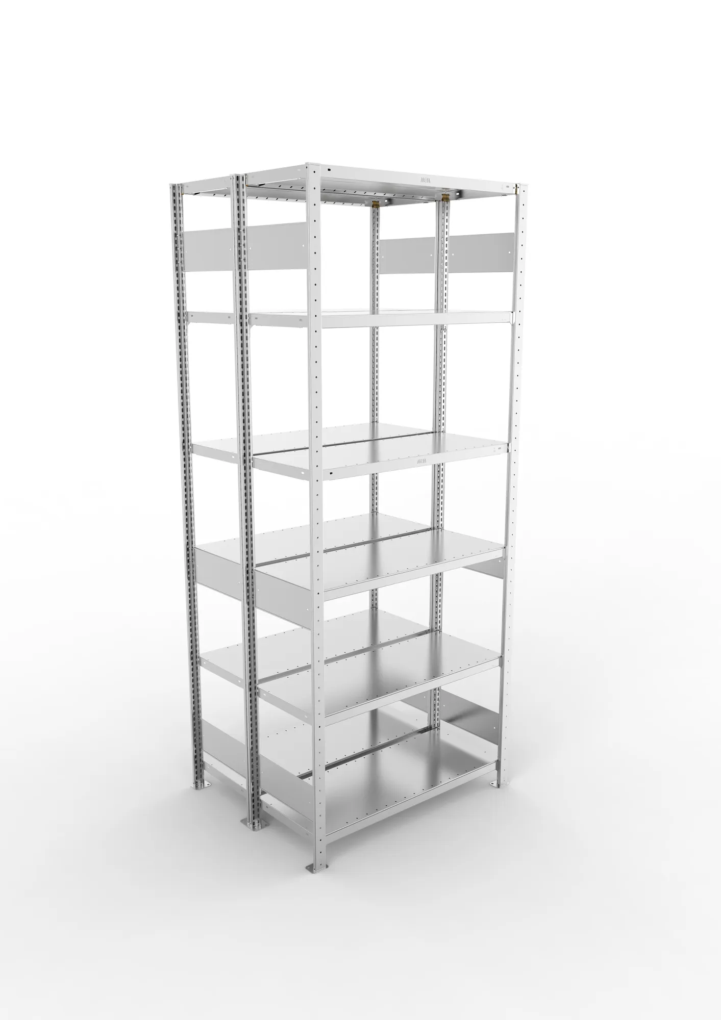 META CLIP S3, Fachbodenregal, Doppel-Grundregal, 2500 x 1000 x 400 mm, Fachlast 230 kg, 6 Ebenen, Längsriegel, verzinkt – Ansicht von oben