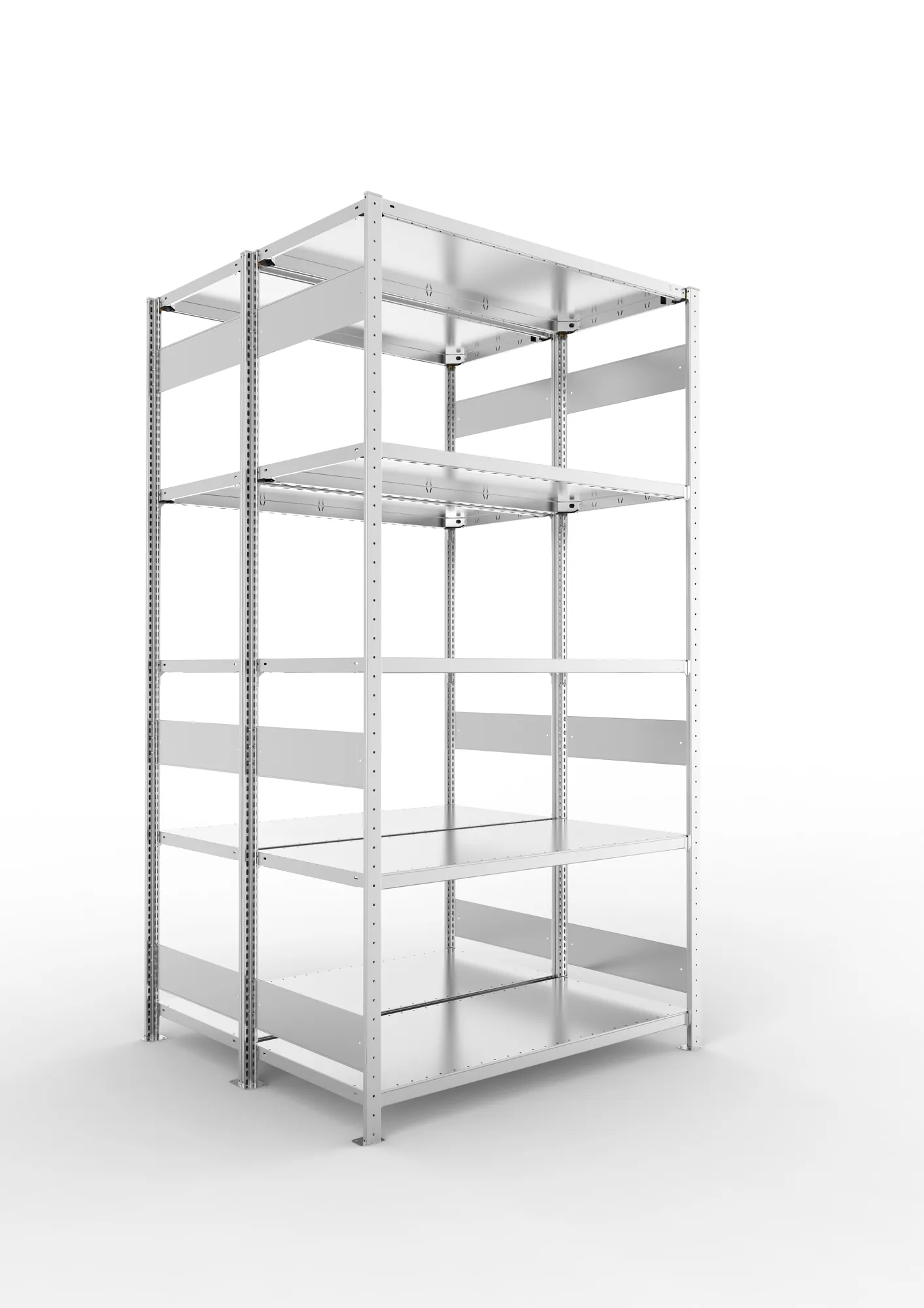 META CLIP S3, Fachbodenregal, Doppel-Grundregal, 2500 x 1300 x 600 mm, Fachlast 230 kg, 5 Ebenen, Längsriegel, verzinkt – Ansicht in Blickhöhe