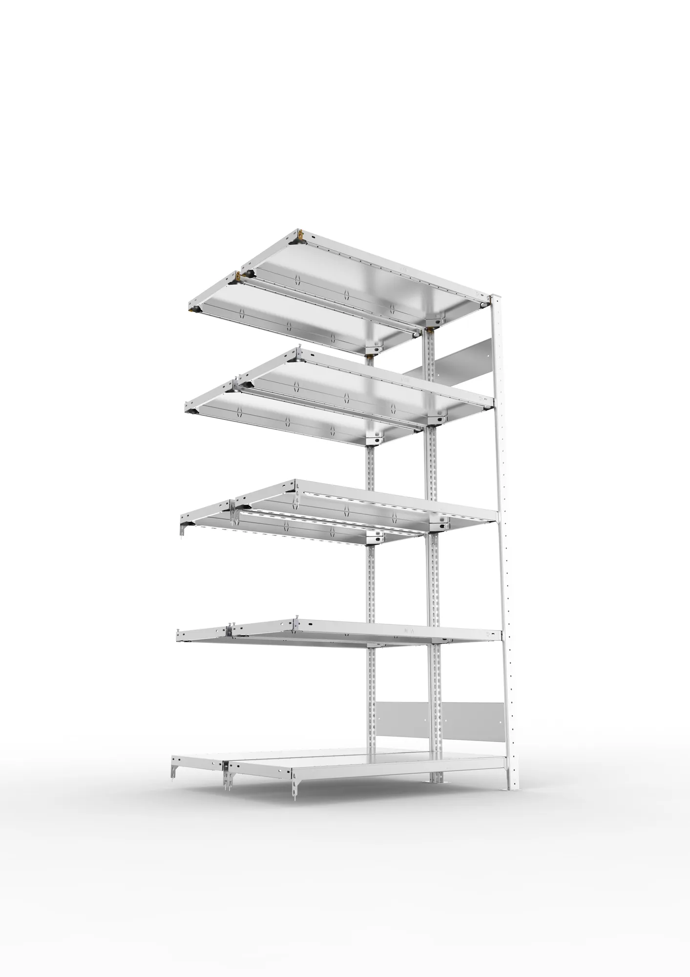 META CLIP S3, Fachbodenregal, Doppel-Anbauregal, 2000 x 1000 x 400 mm, Fachlast 150 kg, 5 Ebenen, Längsriegel, verzinkt – Ansicht von unten